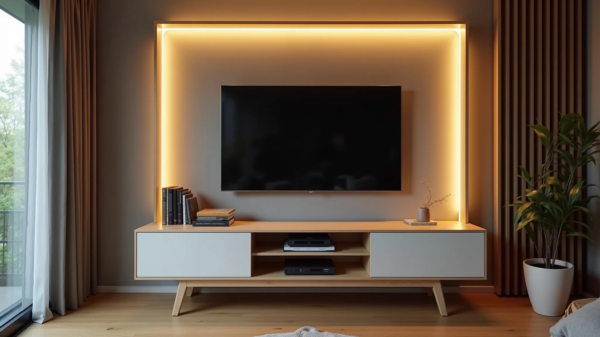 Painel de TV DIY com iluminação LED integrada em sala aconchegante.