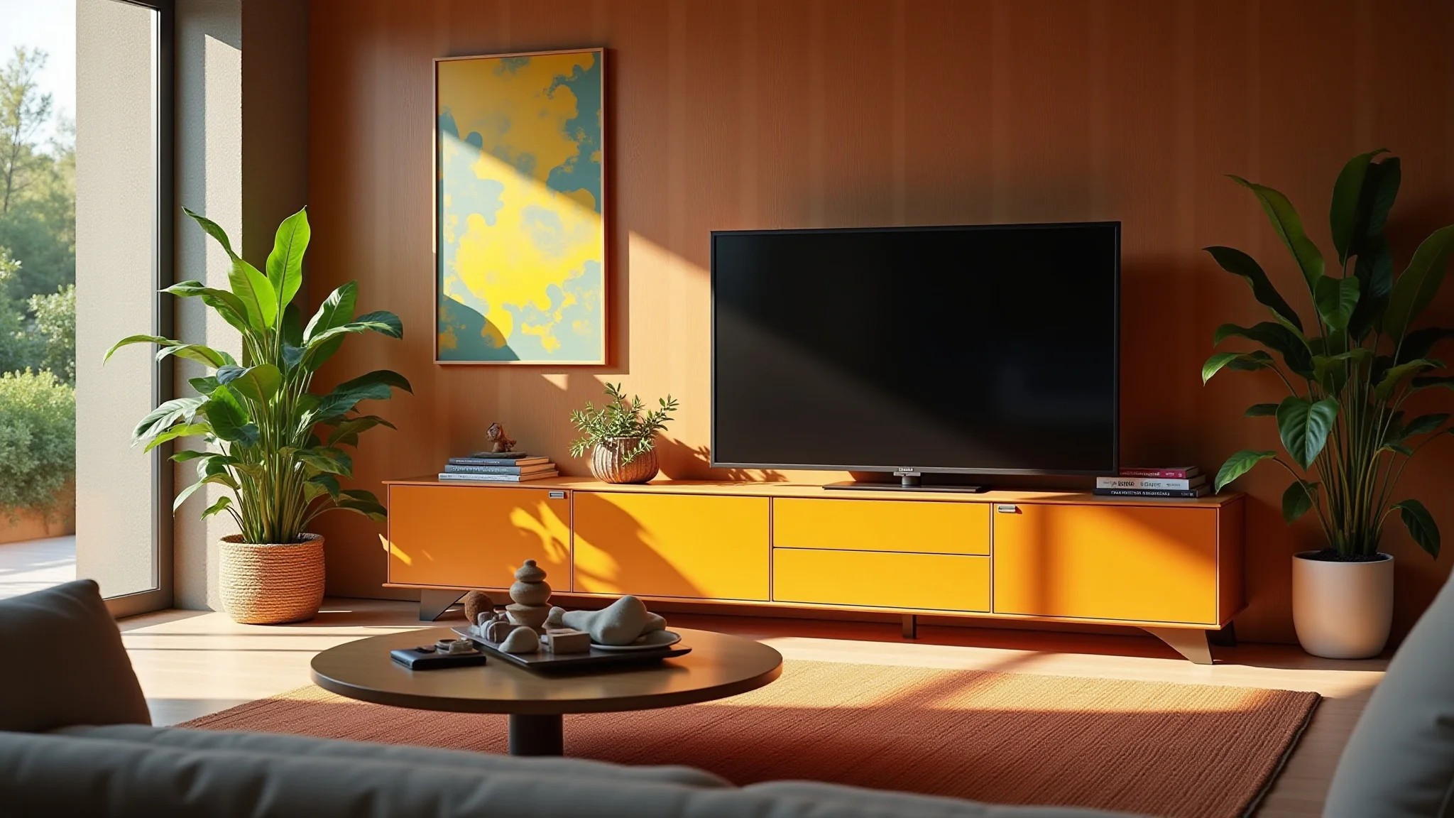 Sala aconchegante com painel de TV laqueado e decoração vibrante.