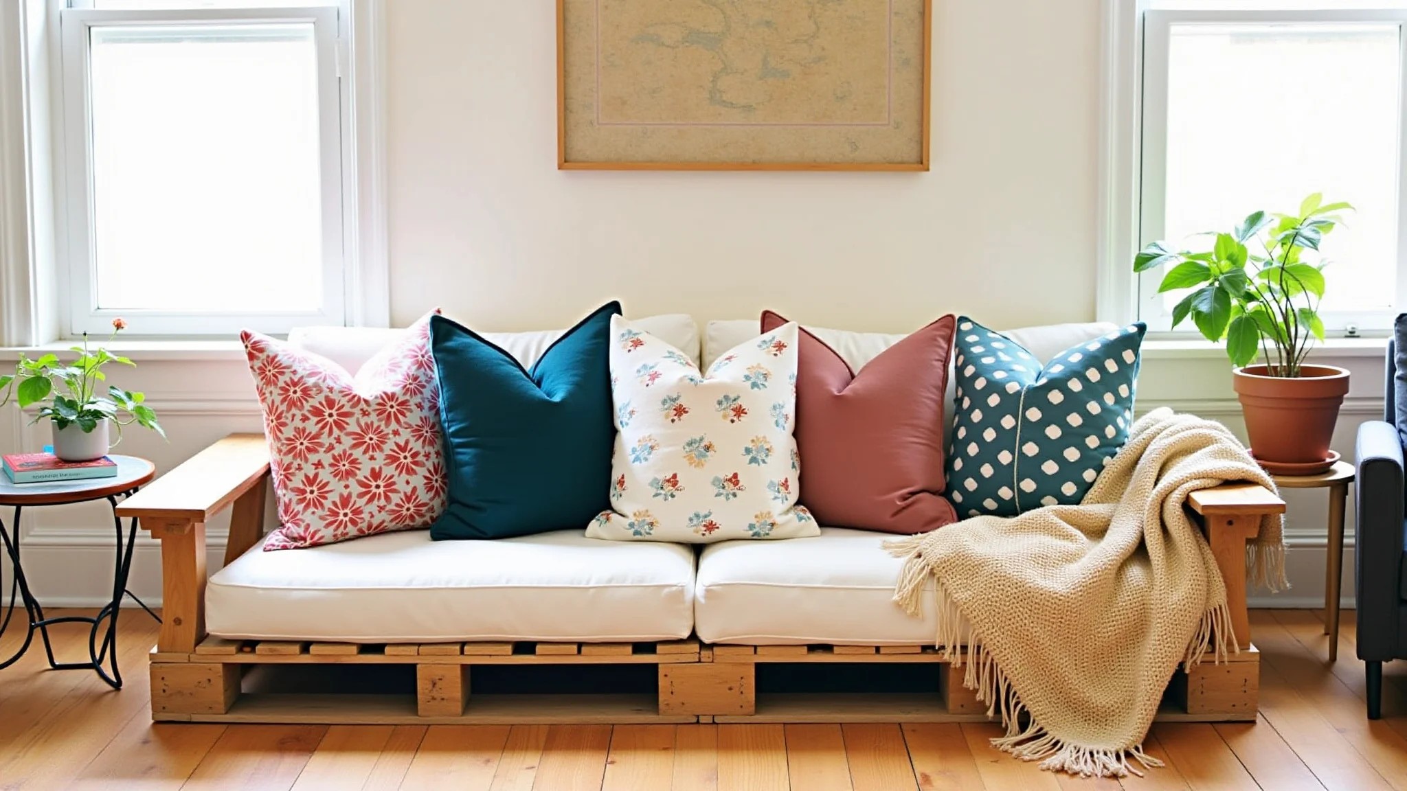 Sala aconchegante com sofá de pallets, almofadas coloridas e manta, criando um ambiente convidativo.