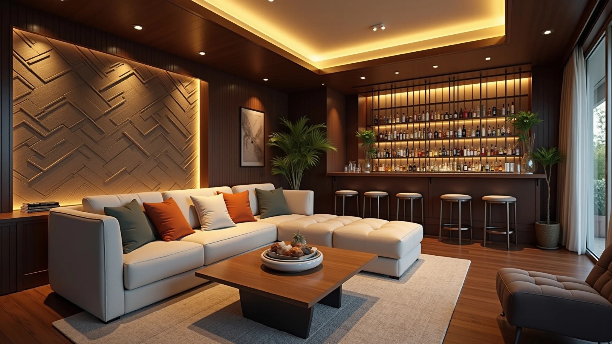 Sala de estar aconchegante com bar estiloso, design brasileiro e iluminação quente.