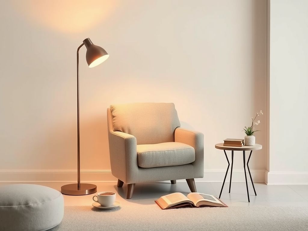 Canto de leitura aconchegante em uma sala clean, com poltrona cinza, luminária de chão, mesa lateral com chá e livro.