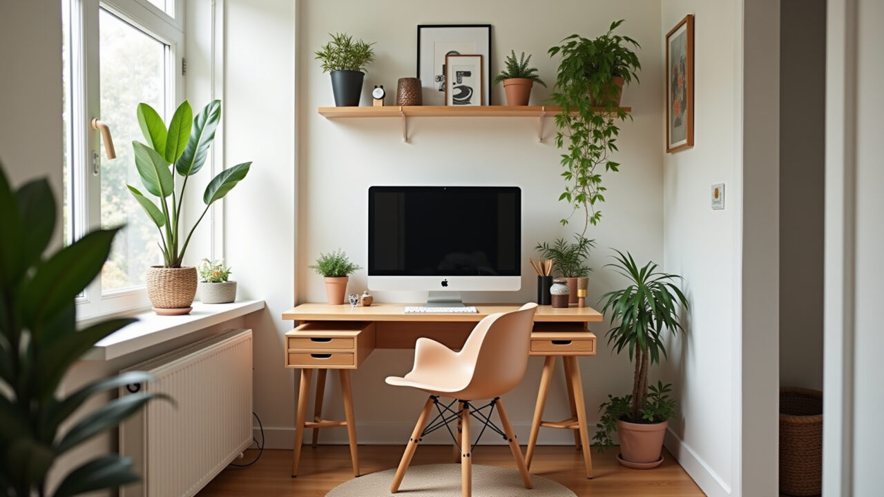 Home office pequeno com mesa multifuncional e decoração brasileira.