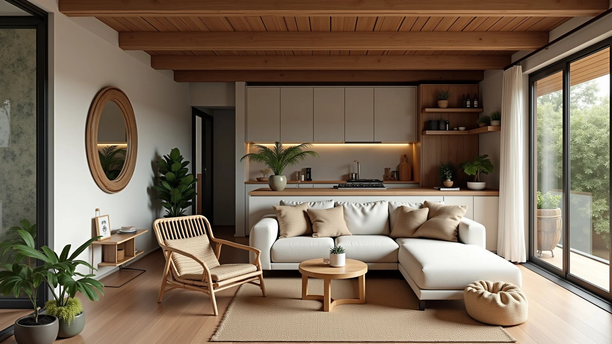 Pequena área gourmet integrada à cozinha, estilo brasileiro, iluminação natural e detalhes em madeira.