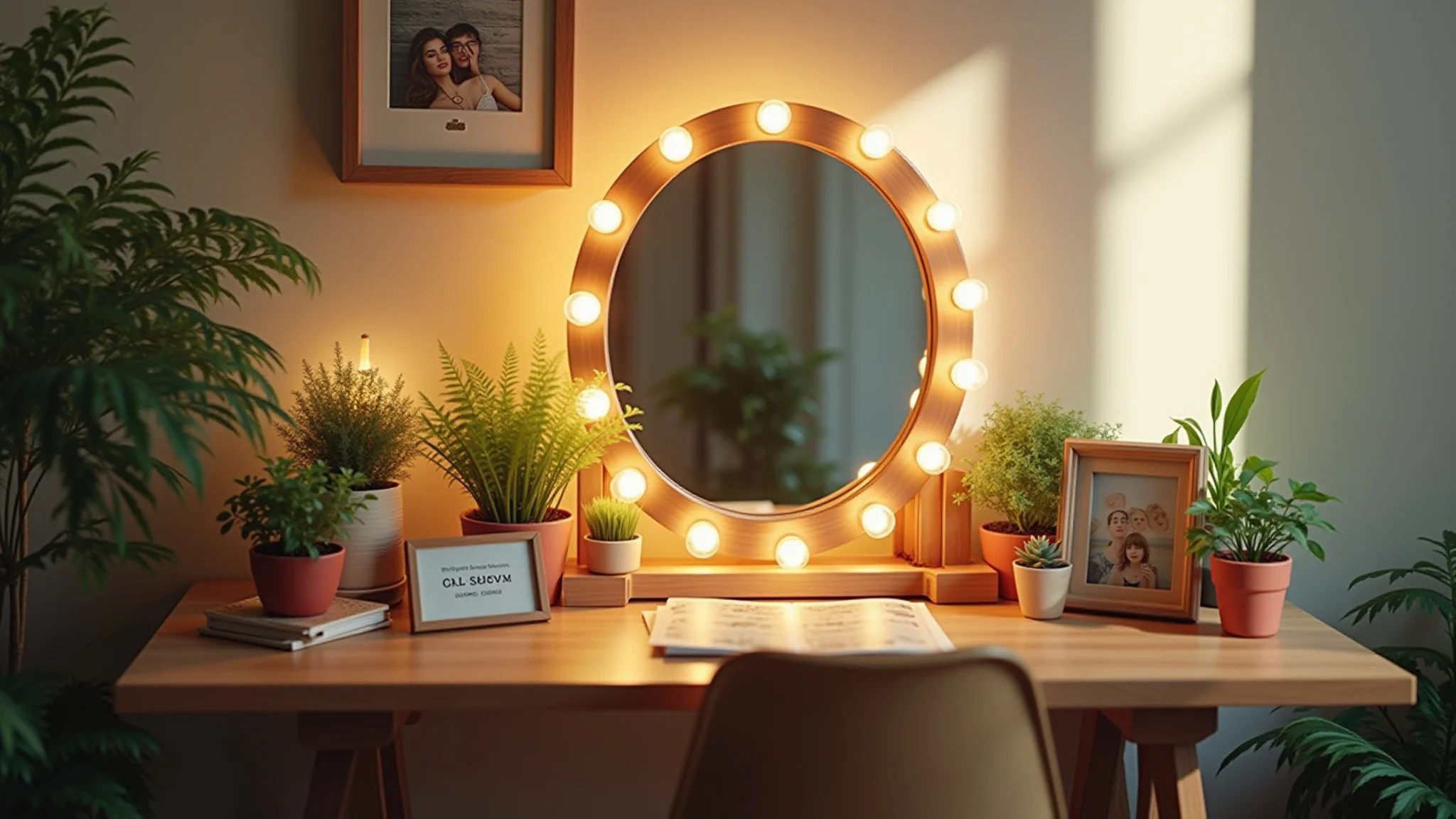 Penteadeira camarim decorada com plantas, espelhos e fotos pessoais.