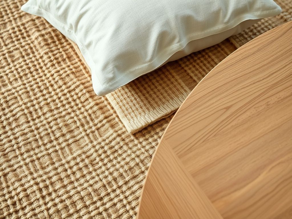 Detalhe de materiais naturais texturizados em uma sala clean, como tapete de fibra, almofada de linho e mesa de madeira.