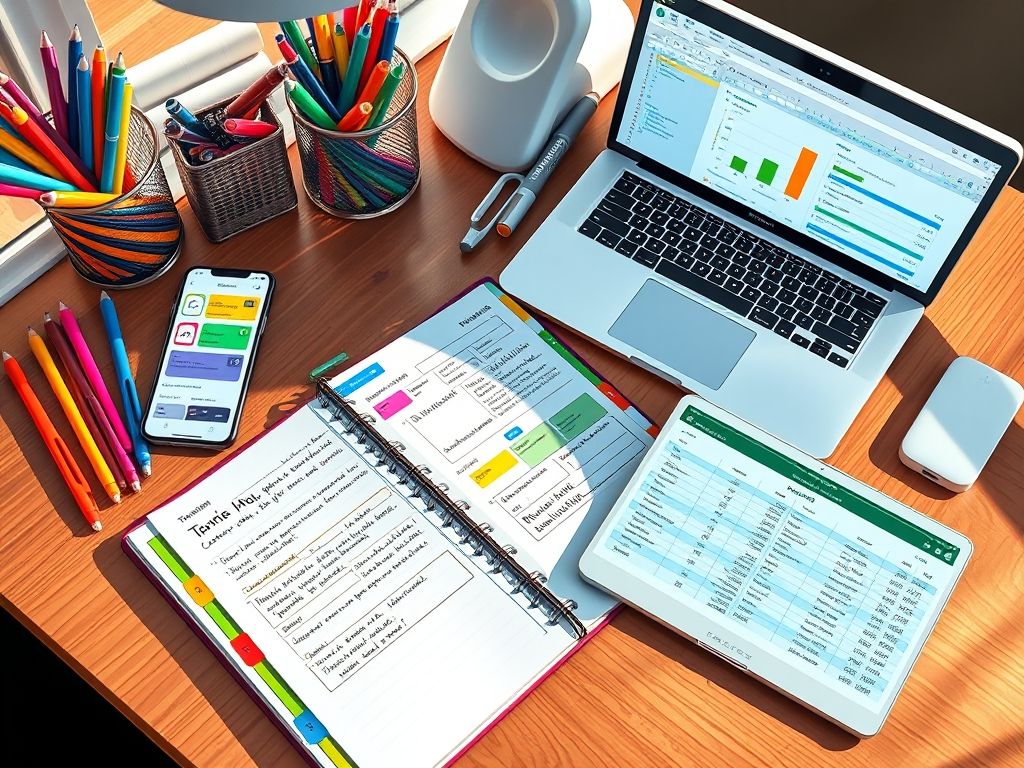Colagem digital mostrando diferentes ferramentas de planejamento: planner físico, aplicativo de gerenciamento de tarefas, planilha Excel e bullet journal.