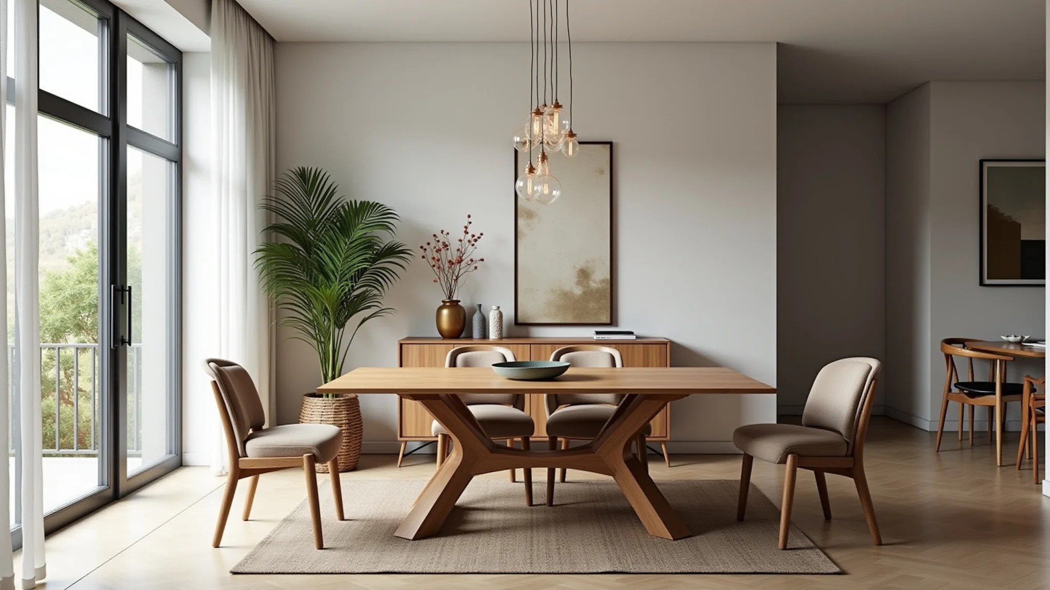 Aparador como divisor de ambientes em sala de jantar com decoração brasileira.