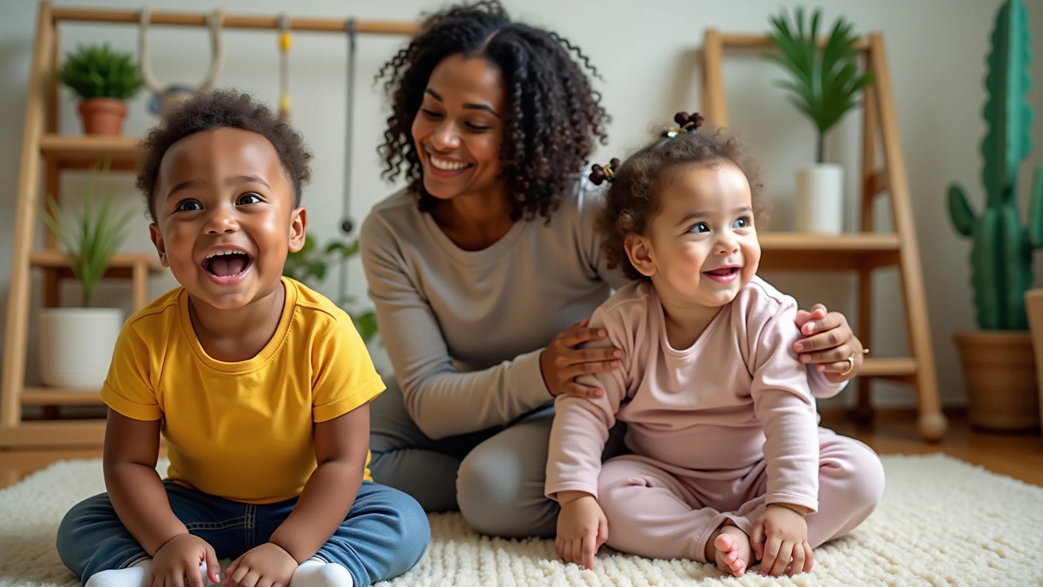 Família brasileira brincando com bebê em quarto decorado com tema safari.