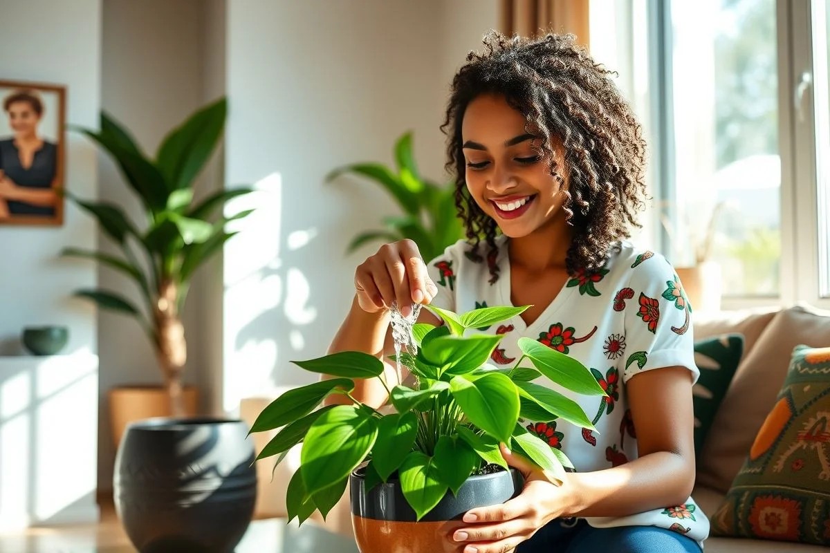 Mulher brasileira regando fitônia em vaso de cerâmica, luz natural, ambiente interno moderno.