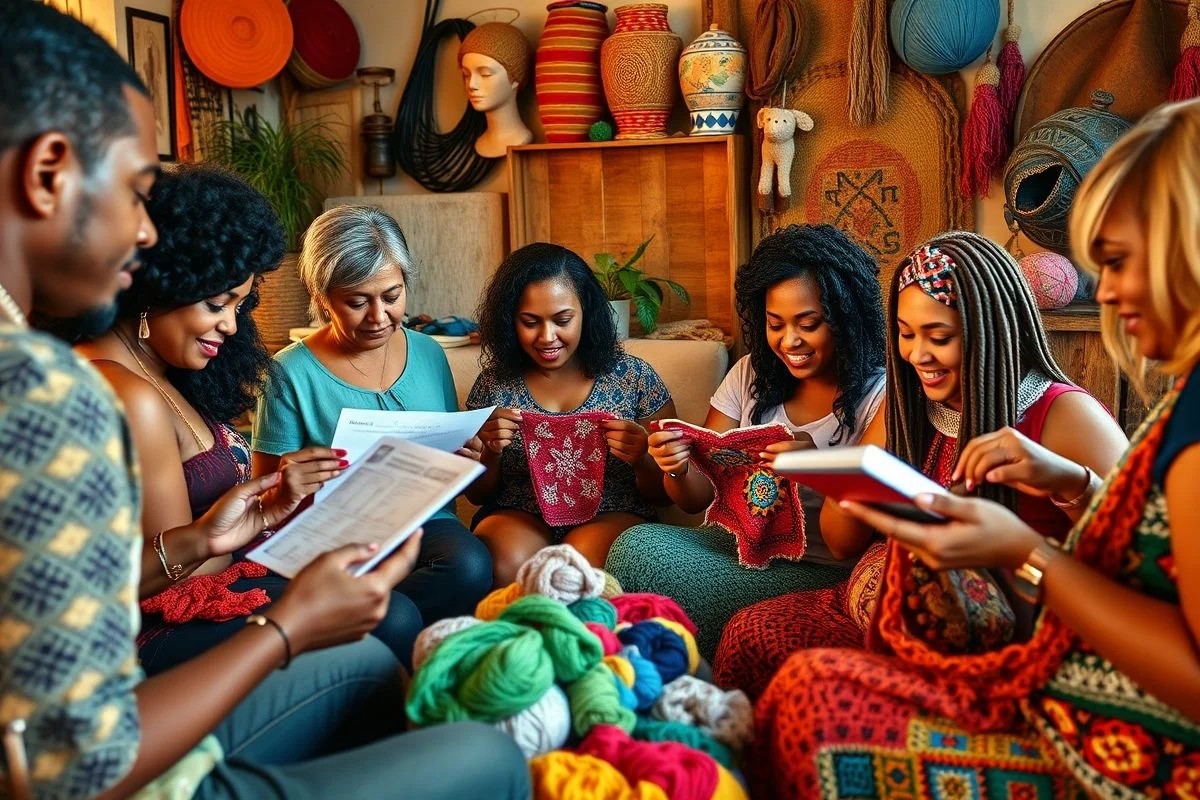 Grupo diverso de crocheteiras brasileiras aprendendo juntas em oficina.