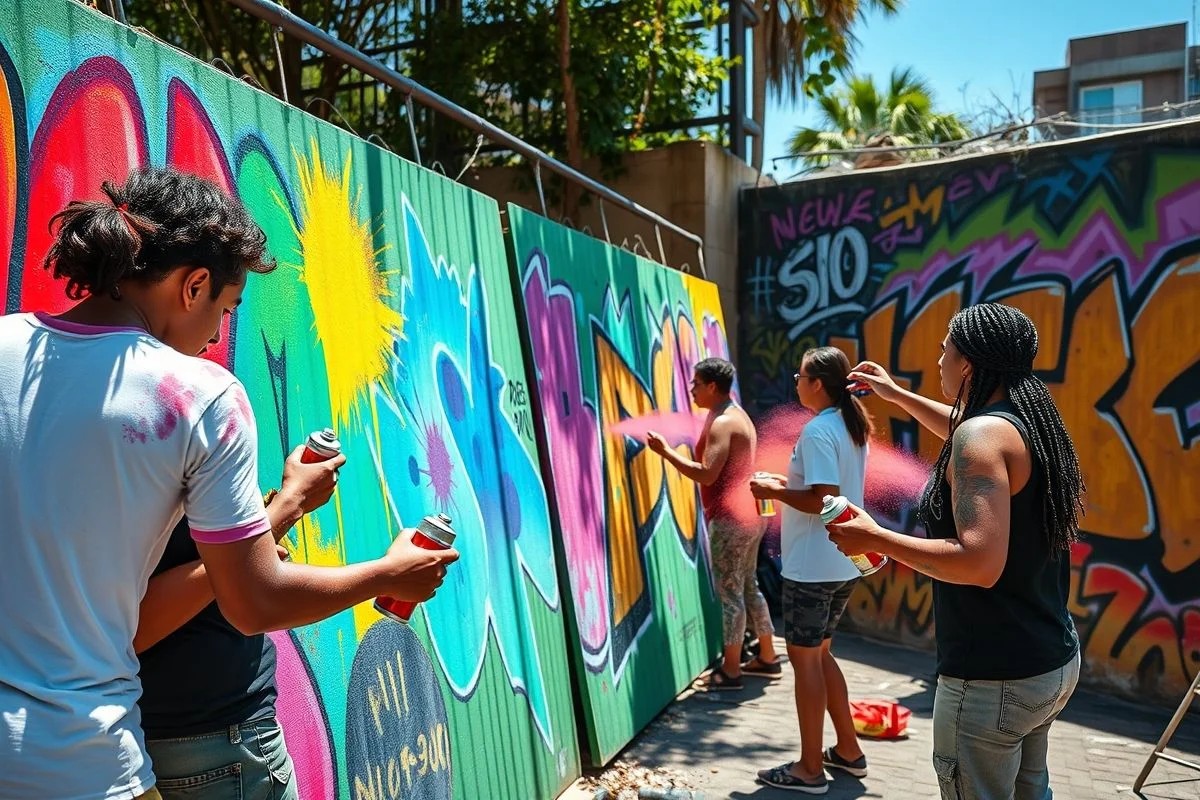 Grupo diverso pinta grafite em oficina de arte de rua no Rio.