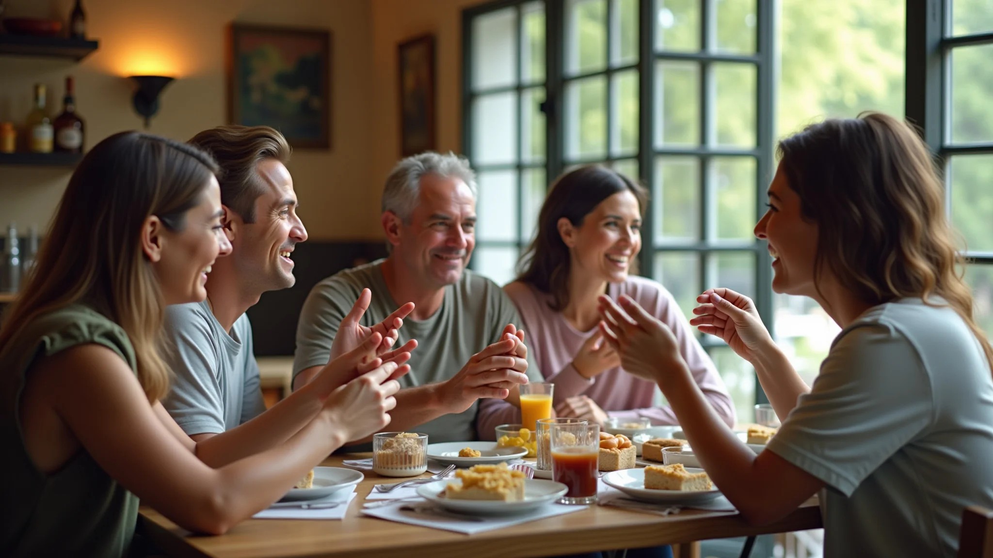 Grupo diversificado de pais discutindo nomes de bebês em um café.
