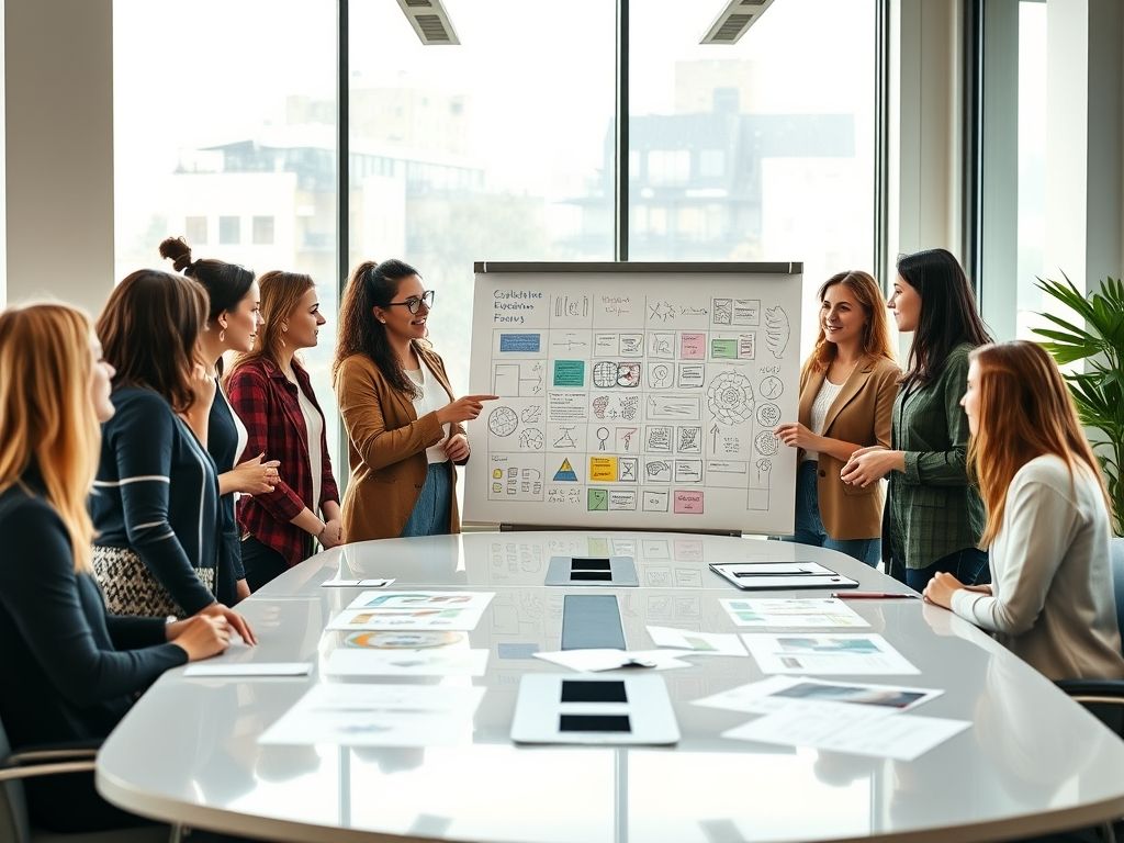Mulheres diversas colaborando em um ambiente de trabalho moderno, trocando ideias e trabalhando em equipe.
