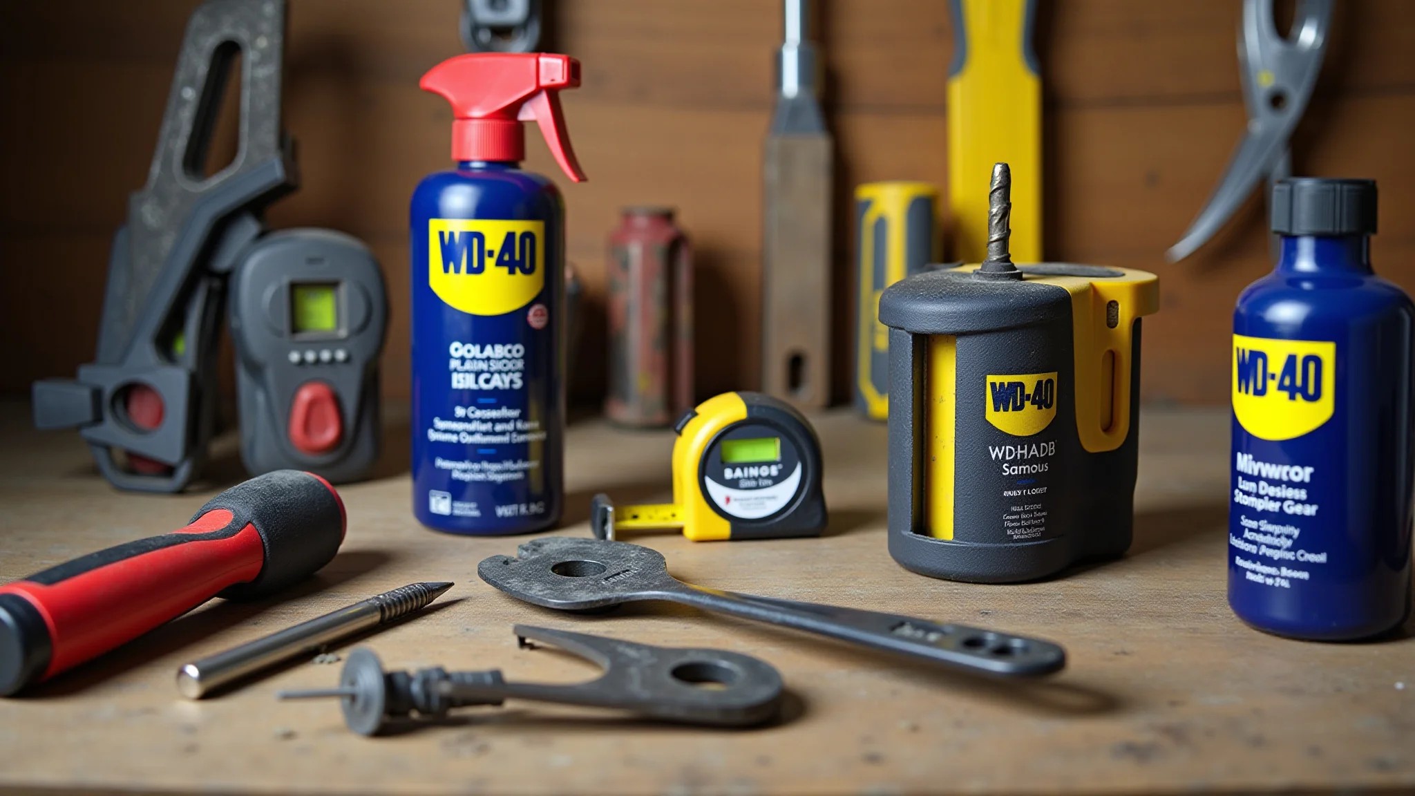 Ferramentas para reparo de portão: WD-40, chaves, nível e trena.