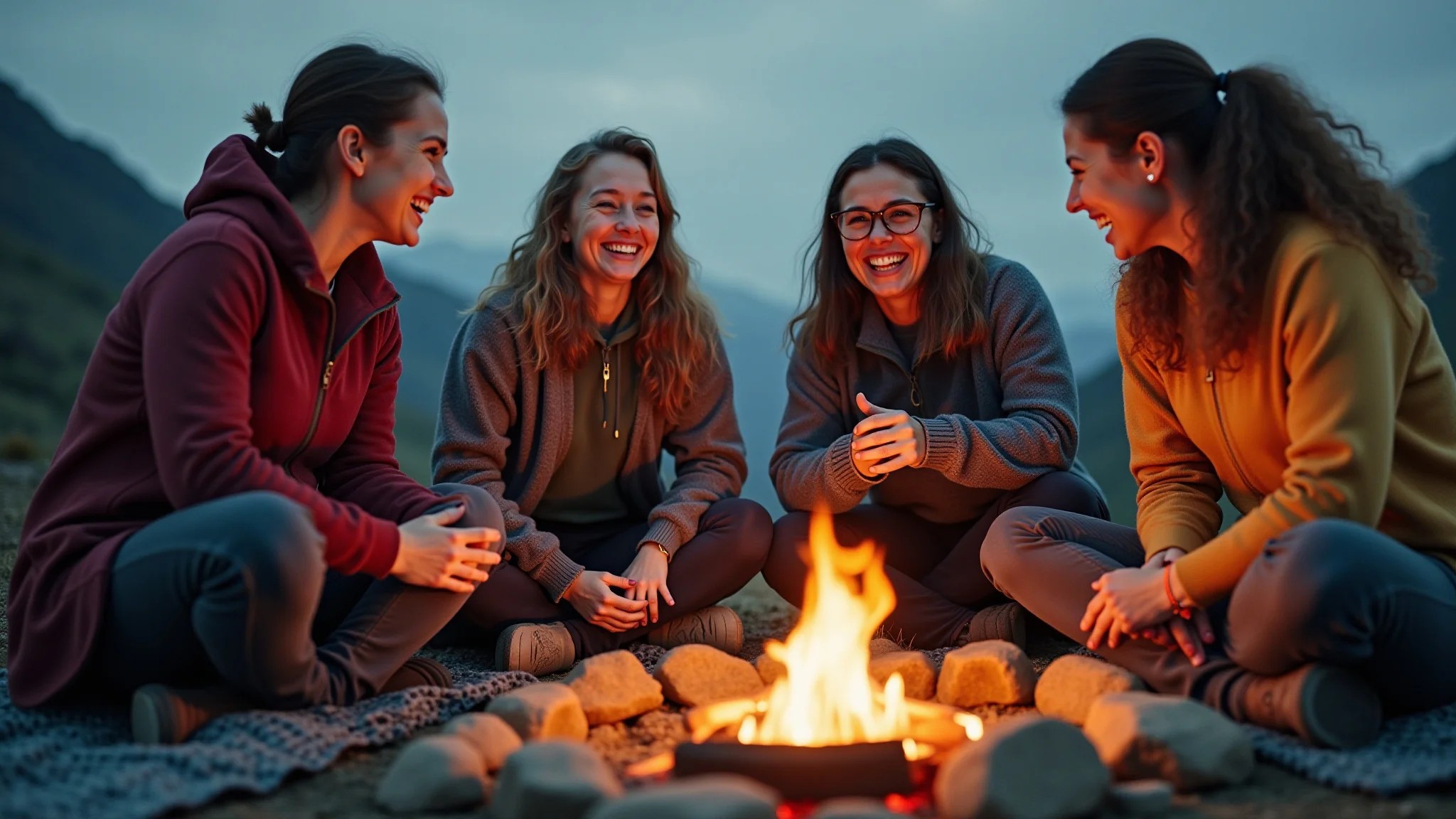Grupo diverso de mulheres rindo e compartilhando histórias ao redor de uma fogueira após um dia de trekking.