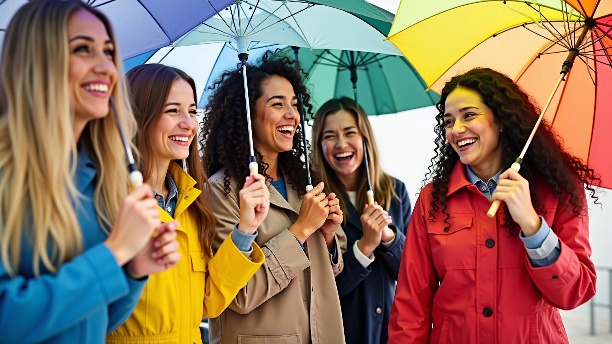 Grupo diverso de mulheres rindo sob guarda-chuvas coloridos, usando capas de chuva estilosas.