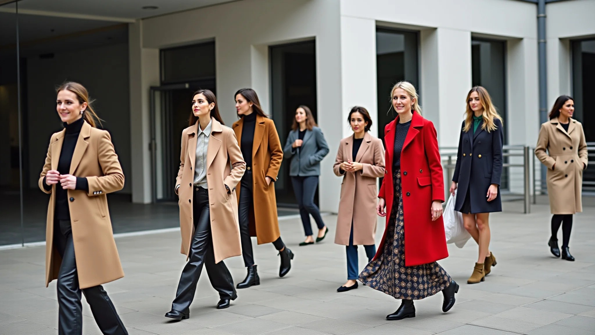 Mulheres diversas usando sobretudos elegantes em cidade brasileira.