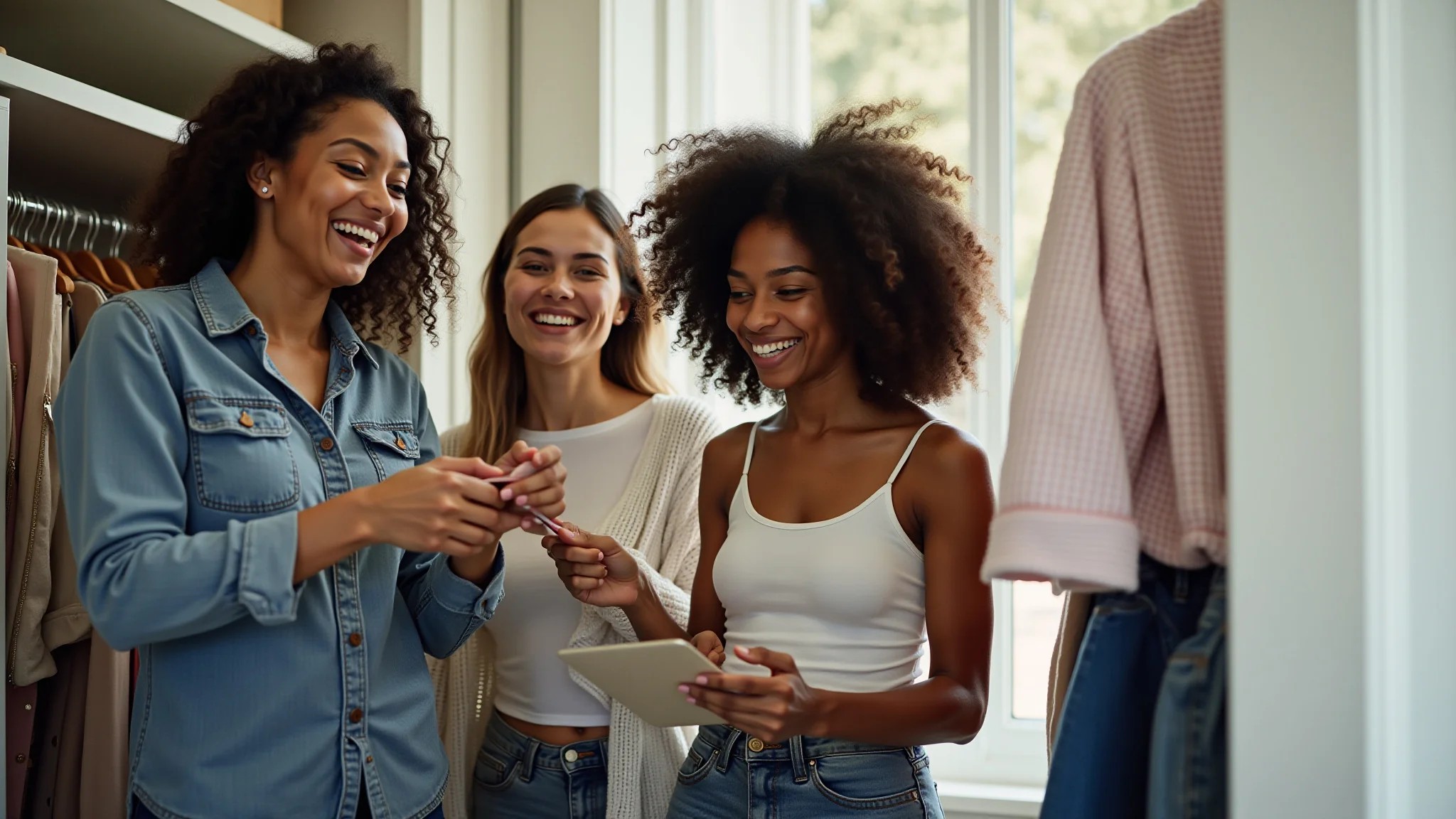 Mulheres diversas organizando roupas em um closet, separando peças para doação, reutilização ou descarte consciente.