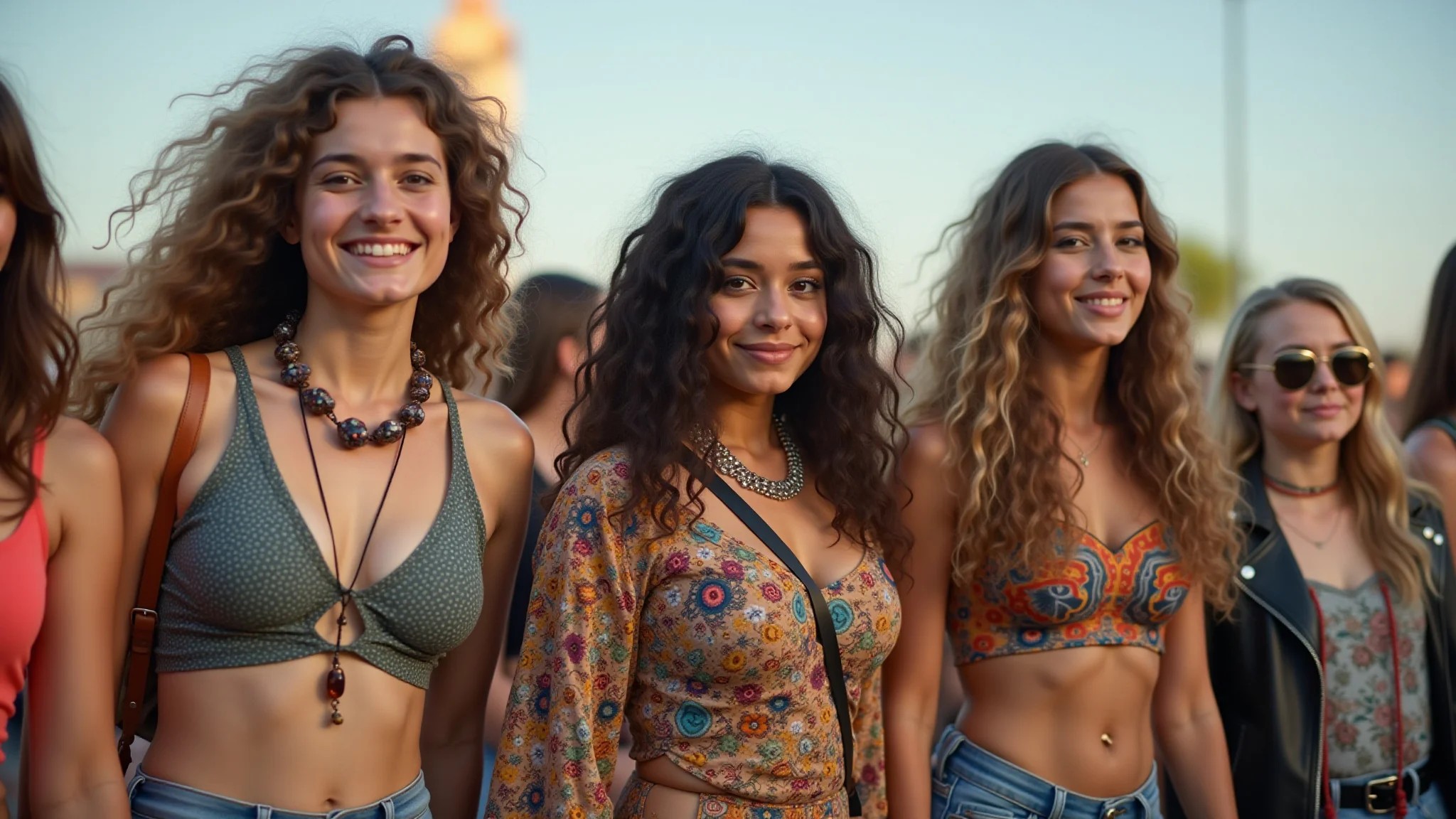 Grupo diverso em festival de música com roupas psicodélicas e estilo anos 70.