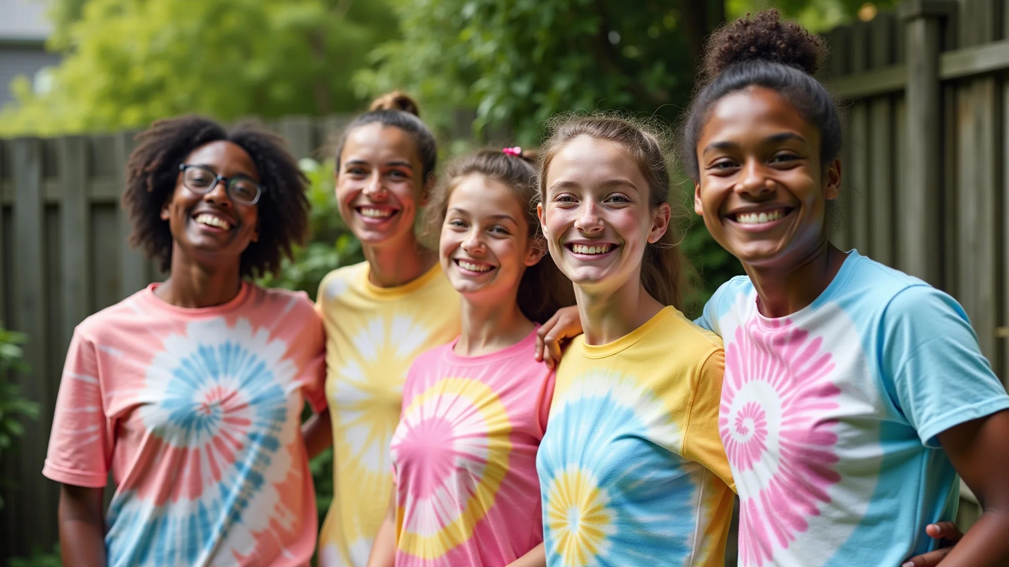 Jovens adultos rindo e mostrando camisetas tie-dye recém tingidas, quintal ensolarado.