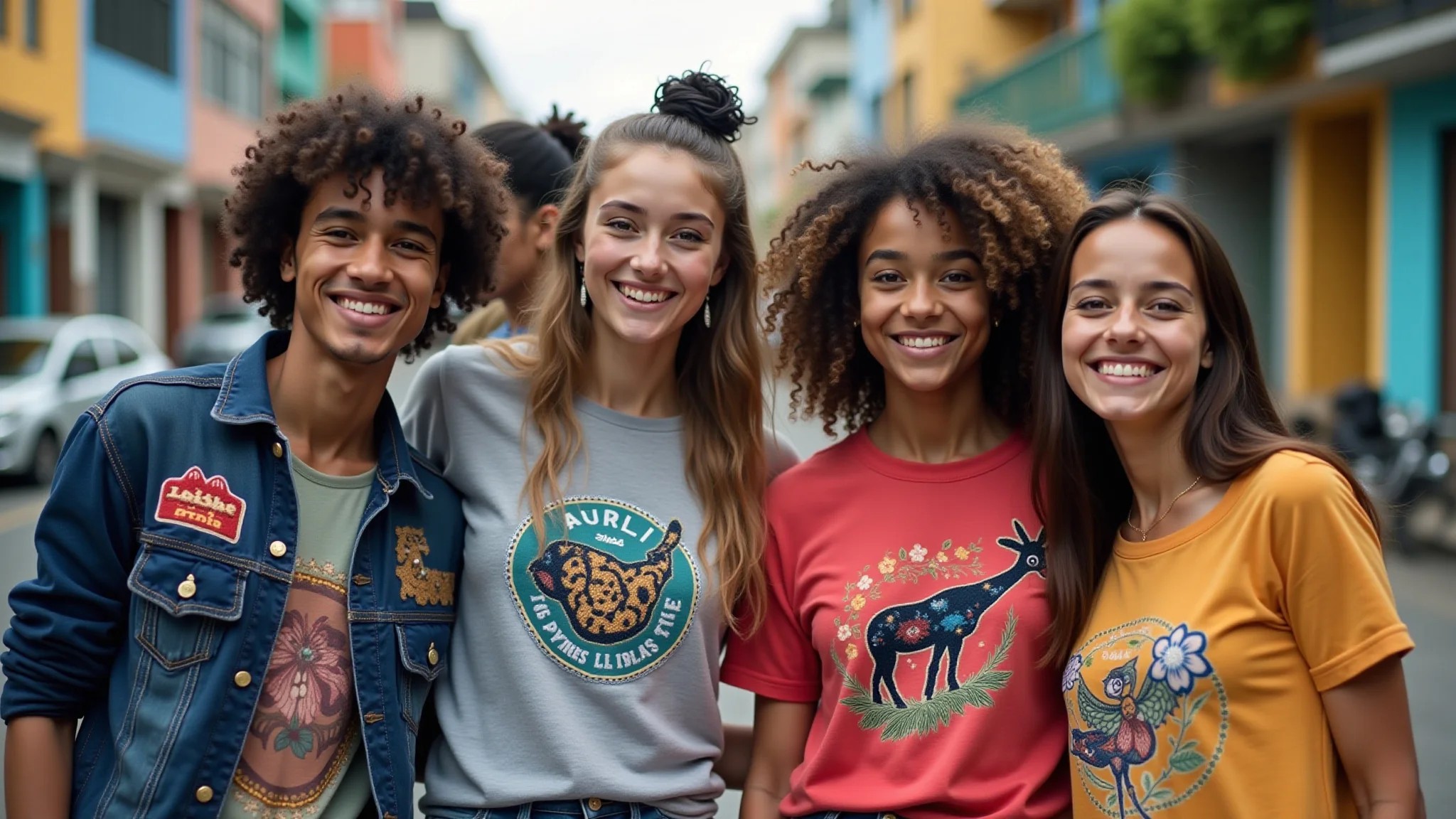 Jovens exibindo roupas customizadas com patches e bordados em cenário urbano brasileiro.