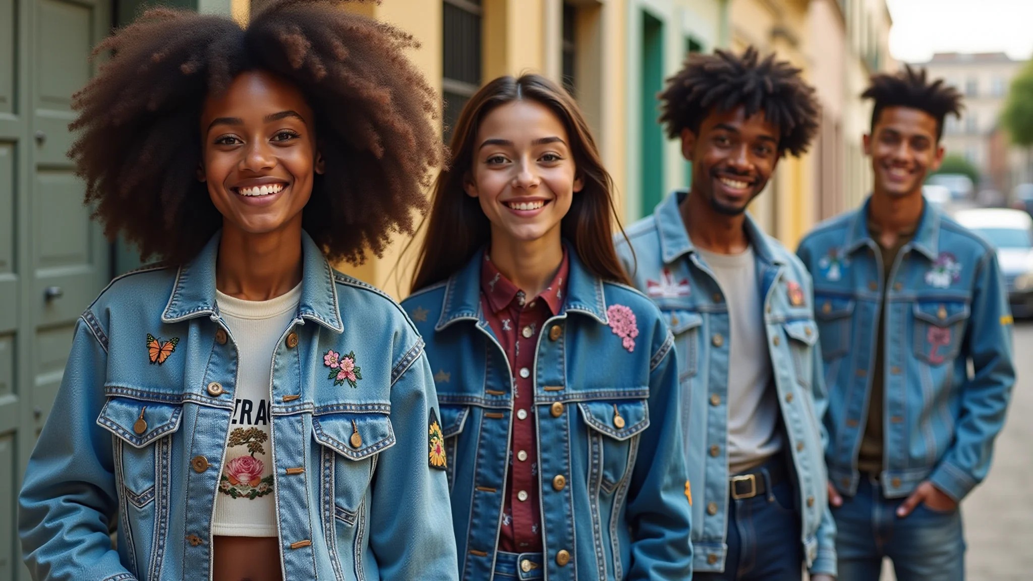 Jovens exibindo jaquetas jeans customizadas em cenário urbano brasileiro.