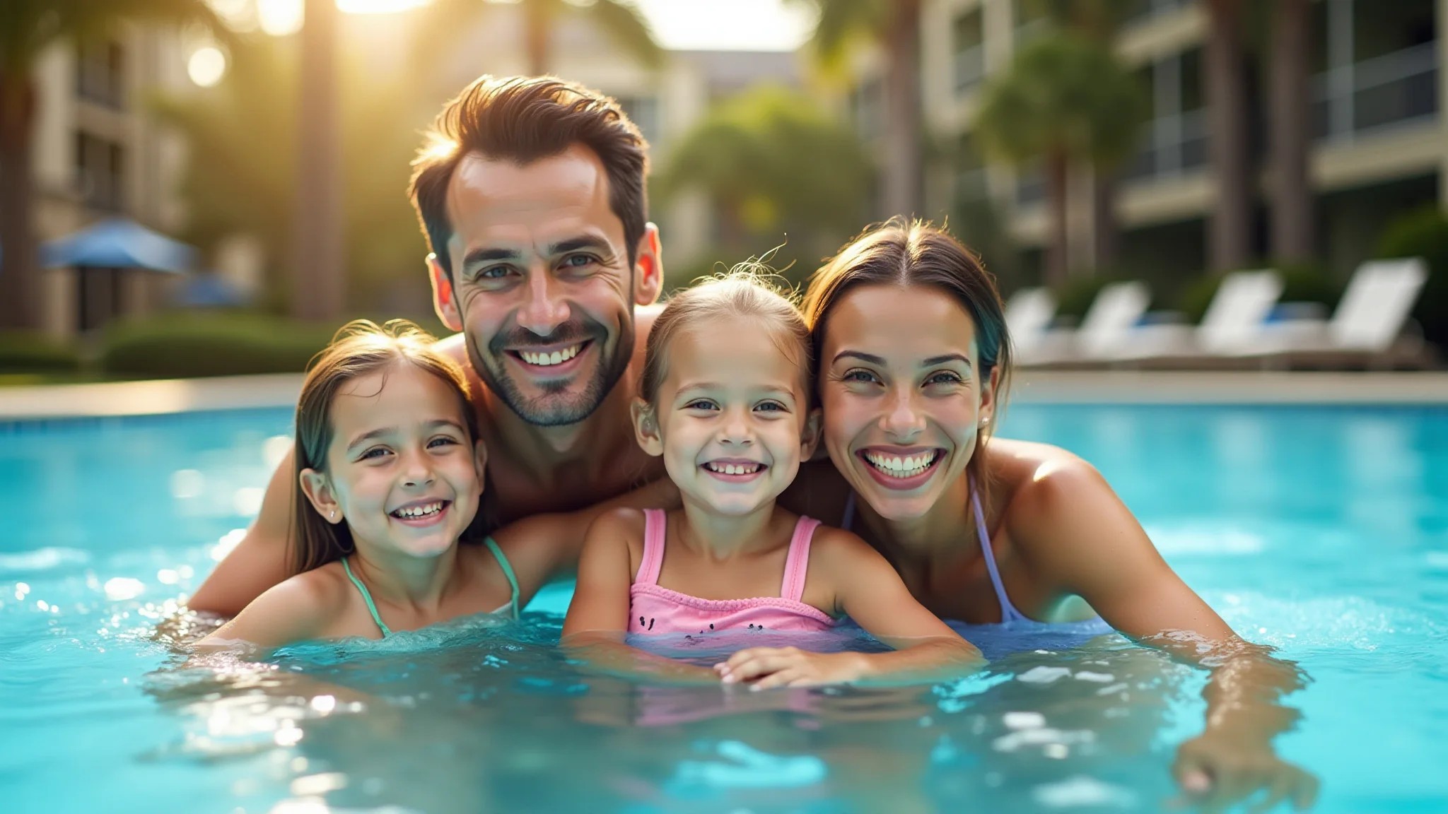 Família se divertindo na piscina de um resort em Orlando.