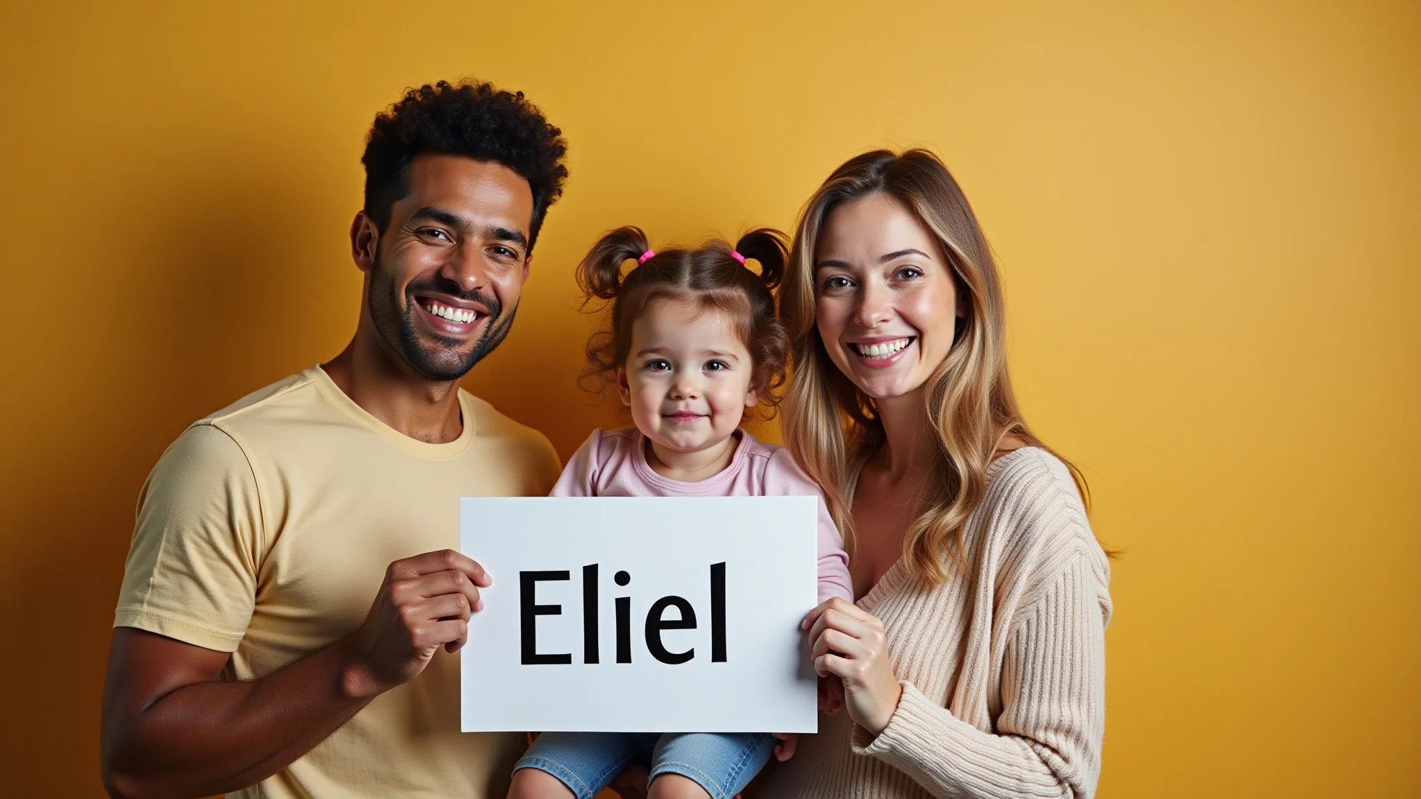 Retrato de família segurando uma placa com o nome 'Eliel', expressão feliz.