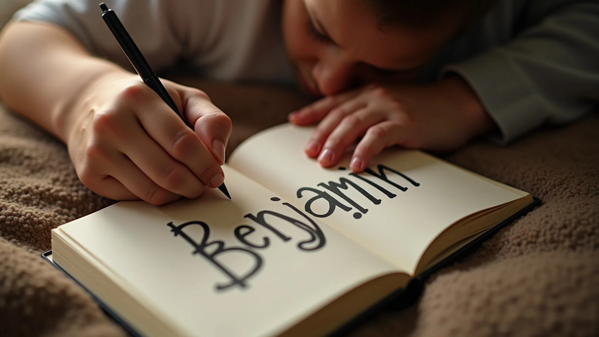 Pai escrevendo o nome 'Benjamin' em um livro de bebê lindamente desenhado.