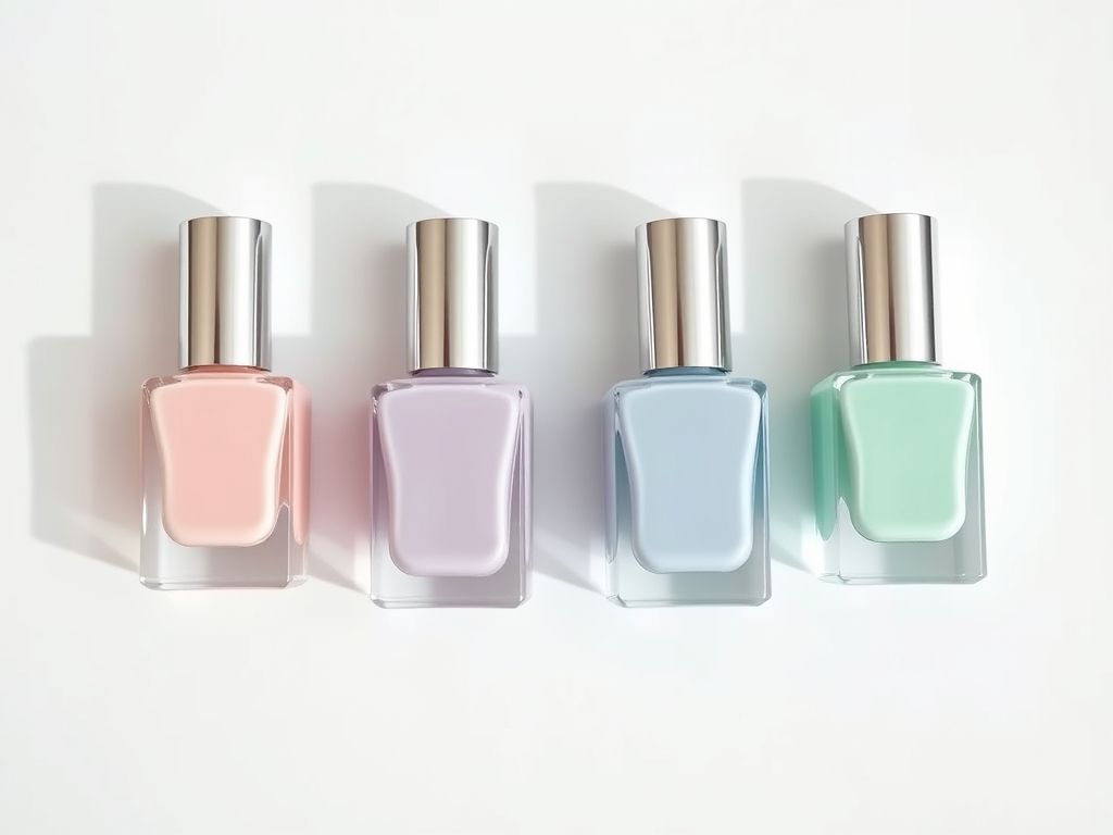 Frascos de esmalte em tons pastel: rosa bebê, azul serenity, lavanda e verde menta, dispostos sobre mármore branco com flores da primavera.