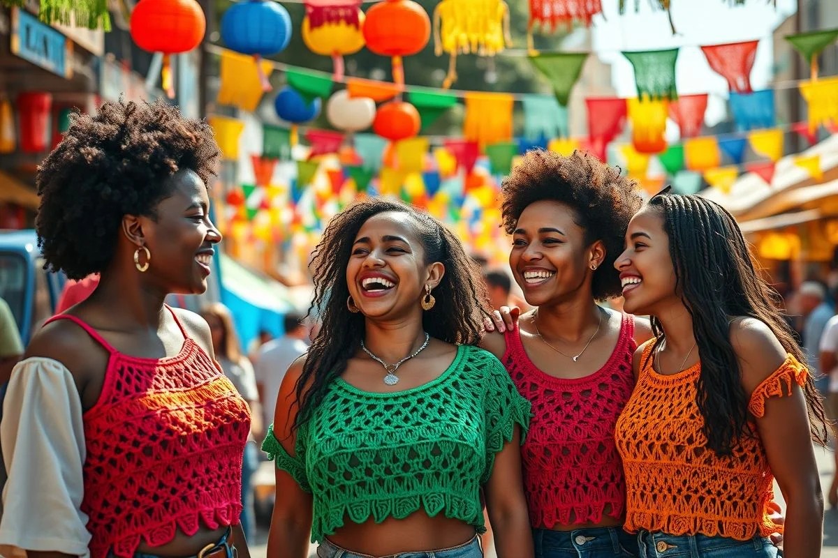 Amigas brasileiras com tops de crochê coloridos em festival.