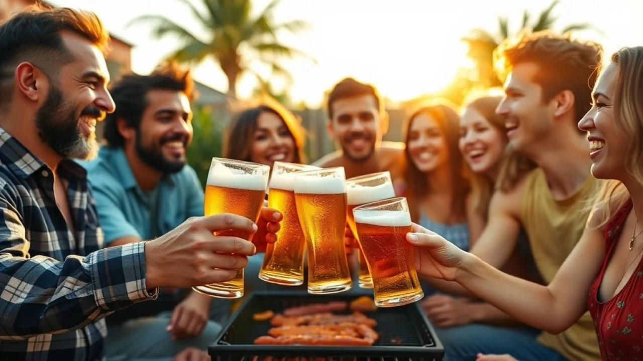 Amigos brindando com chopp pilsen em churrasco no Brasil.