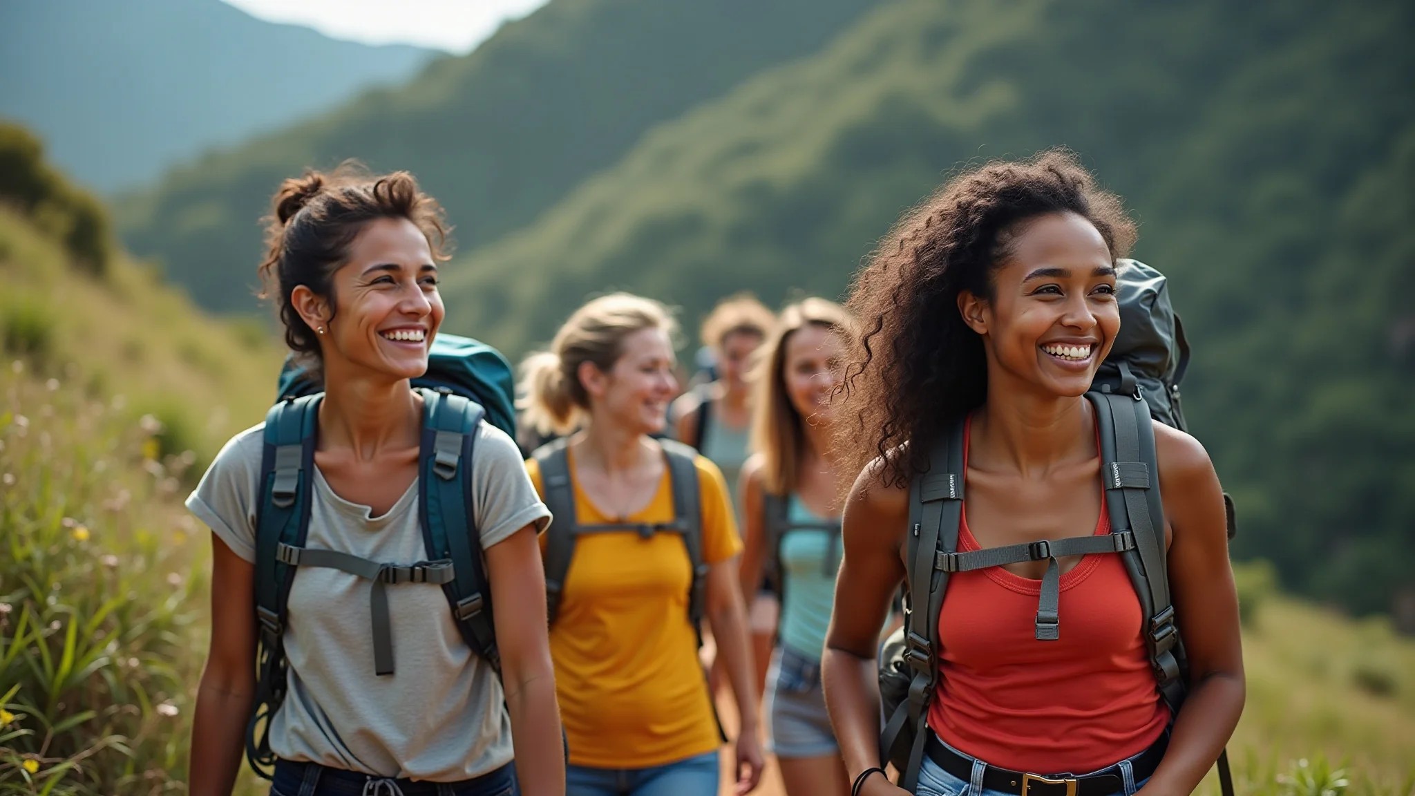 Mulheres diversas fazendo trilha na Chapada dos Veadeiros, Brasil. Aventura e superação na natureza.
