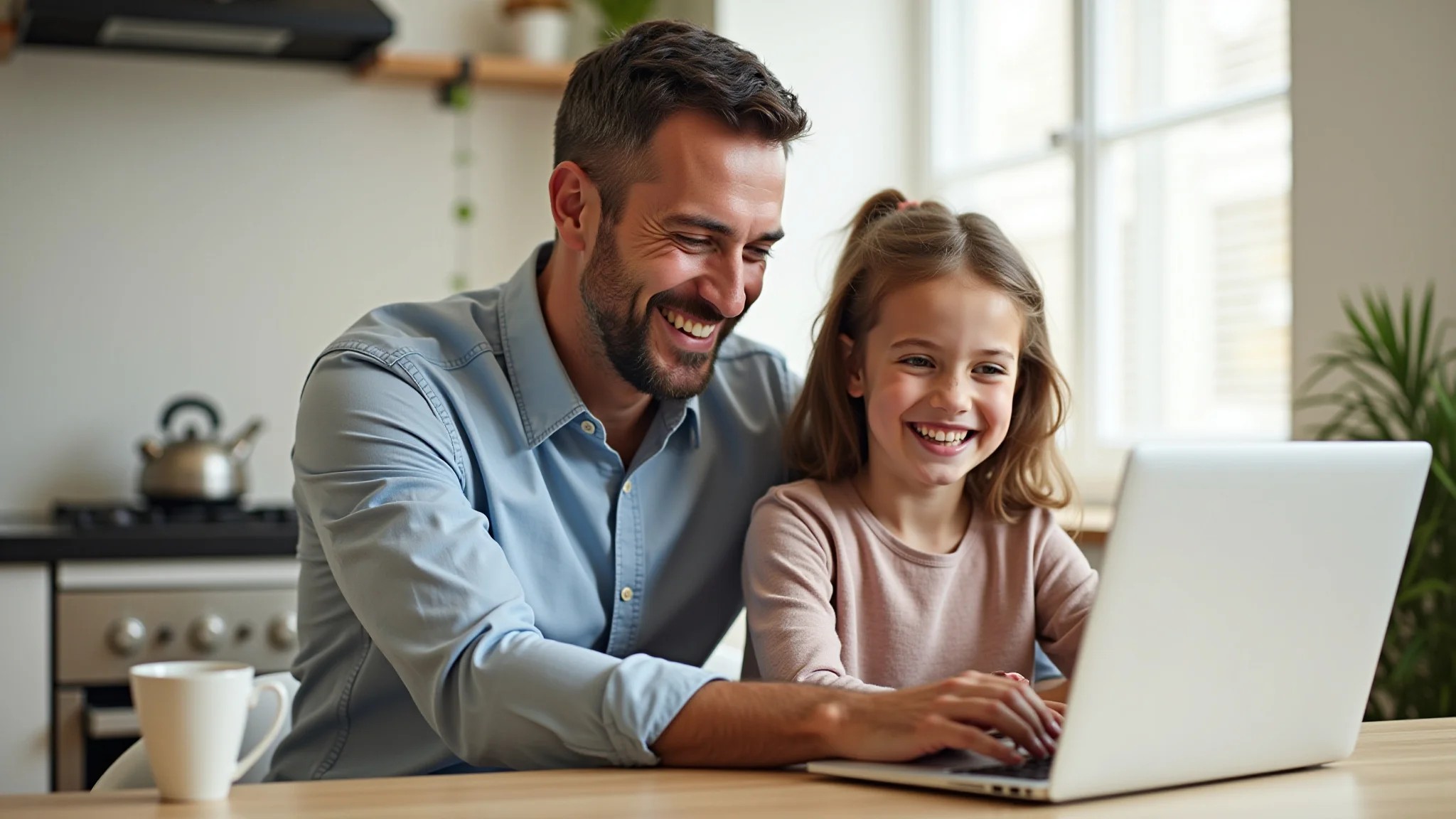Pai e filha adulta sorrindo enquanto escolhem presente do Dia dos Pais online.