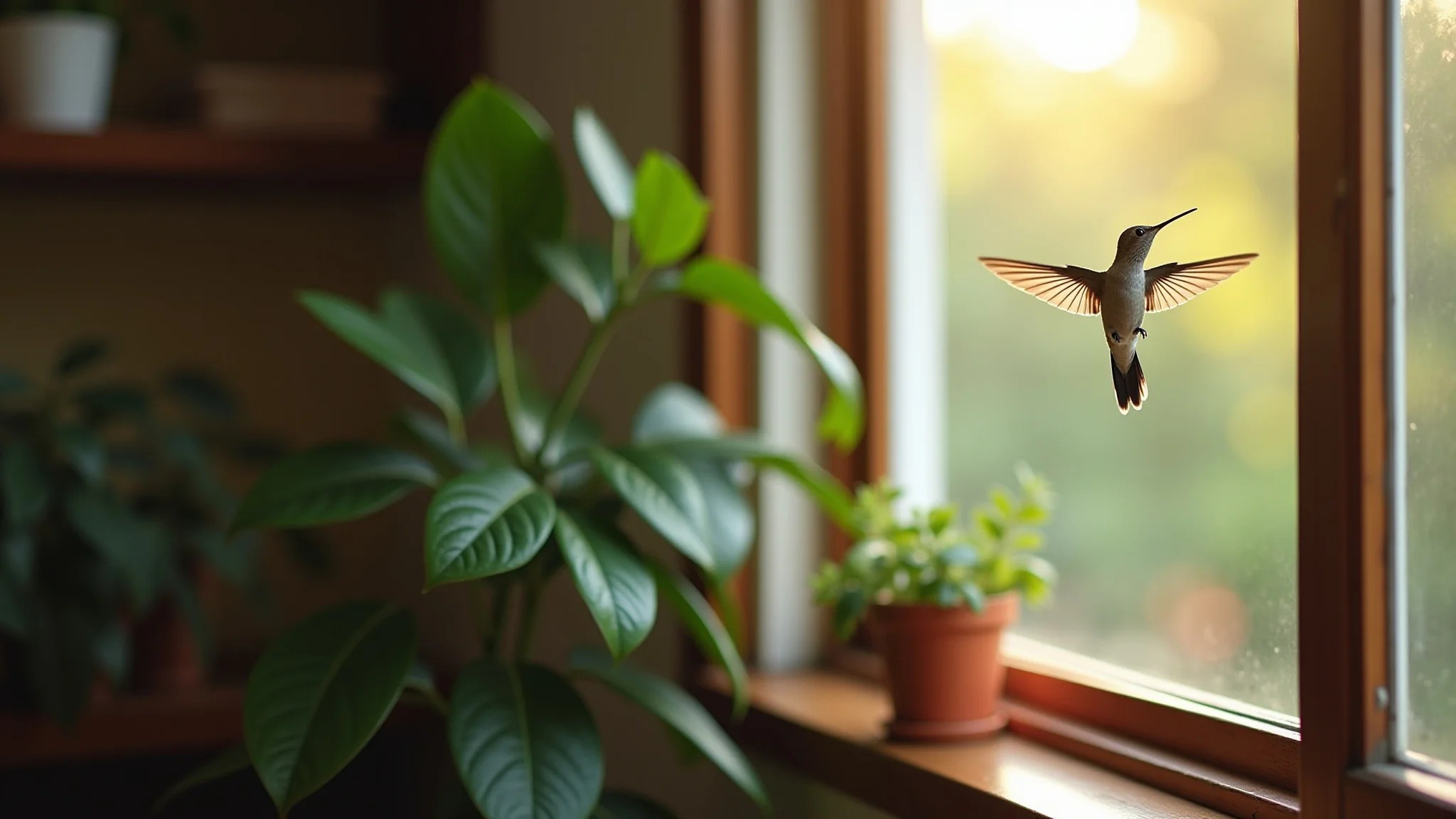 Beija-flor pairando perto de uma janela em uma casa brasileira aconchegante.