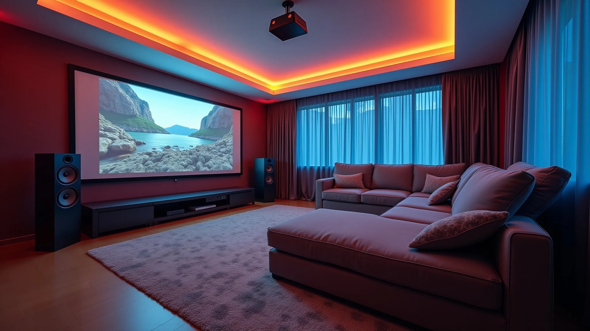 Sala de jogos com tela de projetor, sistema de som surround e assentos confortáveis para vários jogadores.