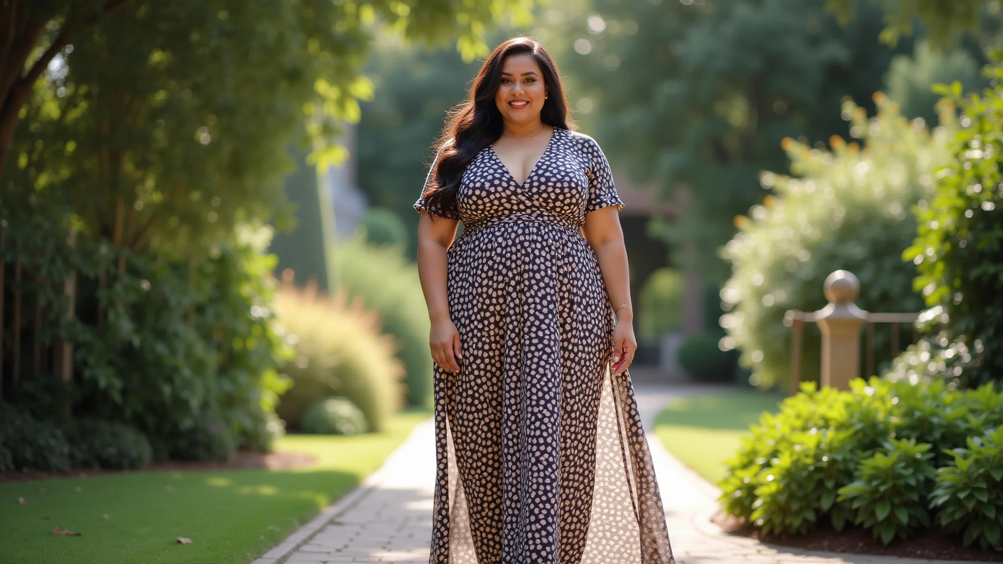 Mulher plus-size com vestido longo estampado geométrico em casamento no jardim.