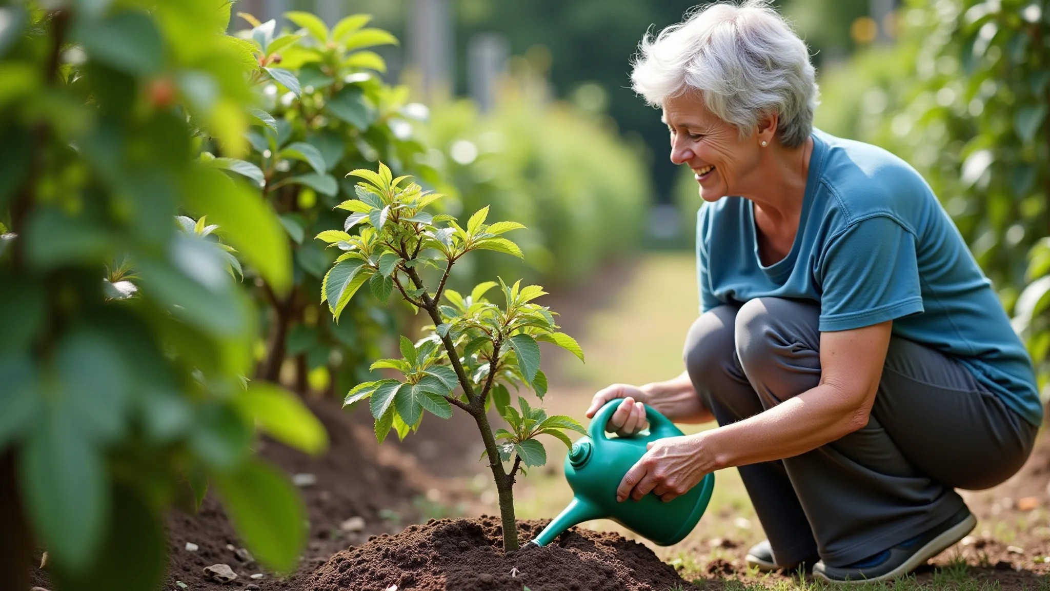 Mulher cuidando de pequena árvore frutífera em quintal ensolarado.