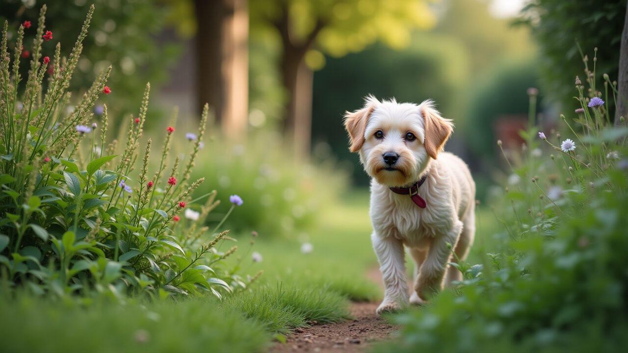 Jardim exuberante com plantas não tóxicas seguras para cães explorarem.