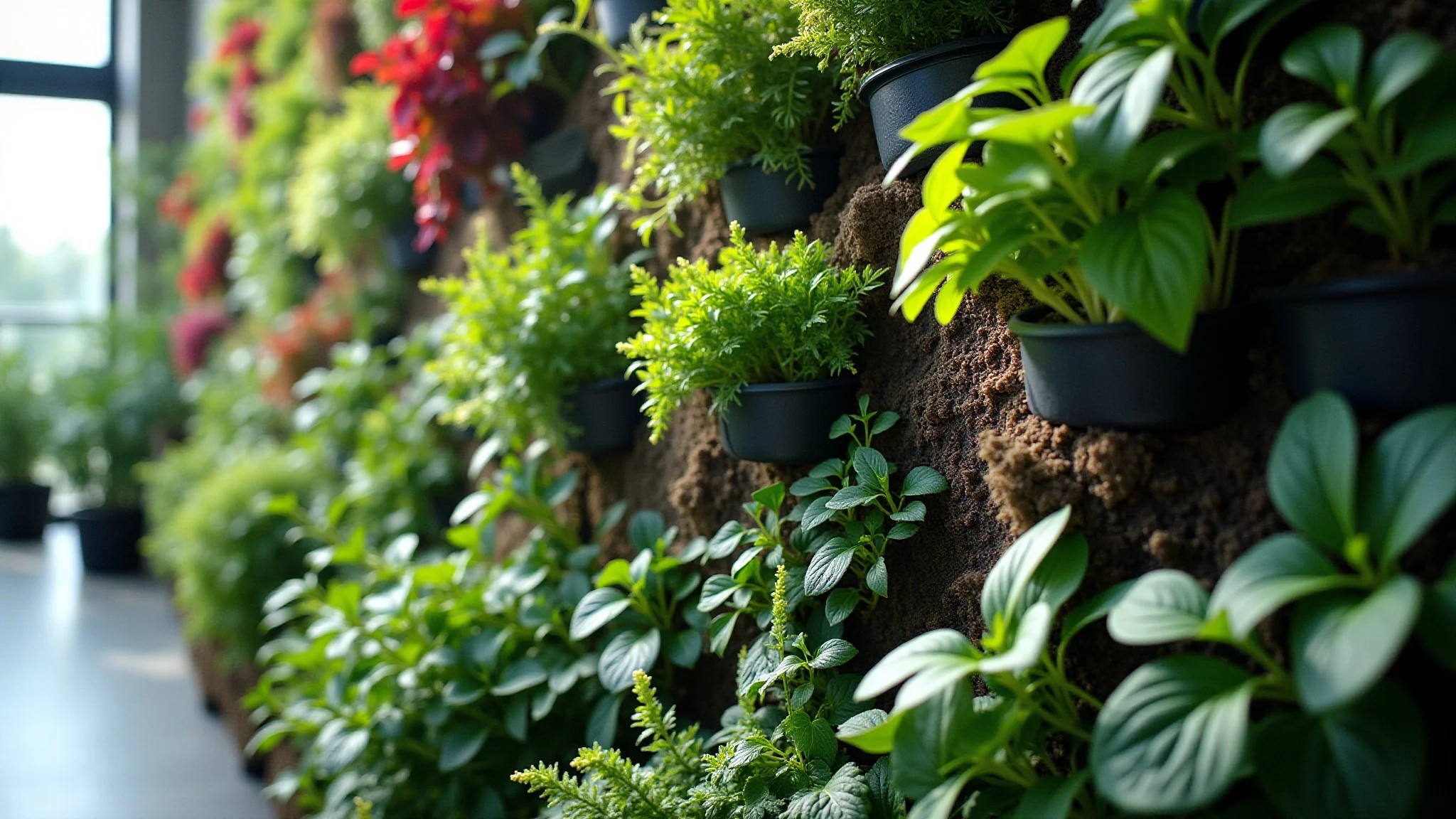 Jardim vertical exuberante com diversas plantas, ervas, flores e folhagens.