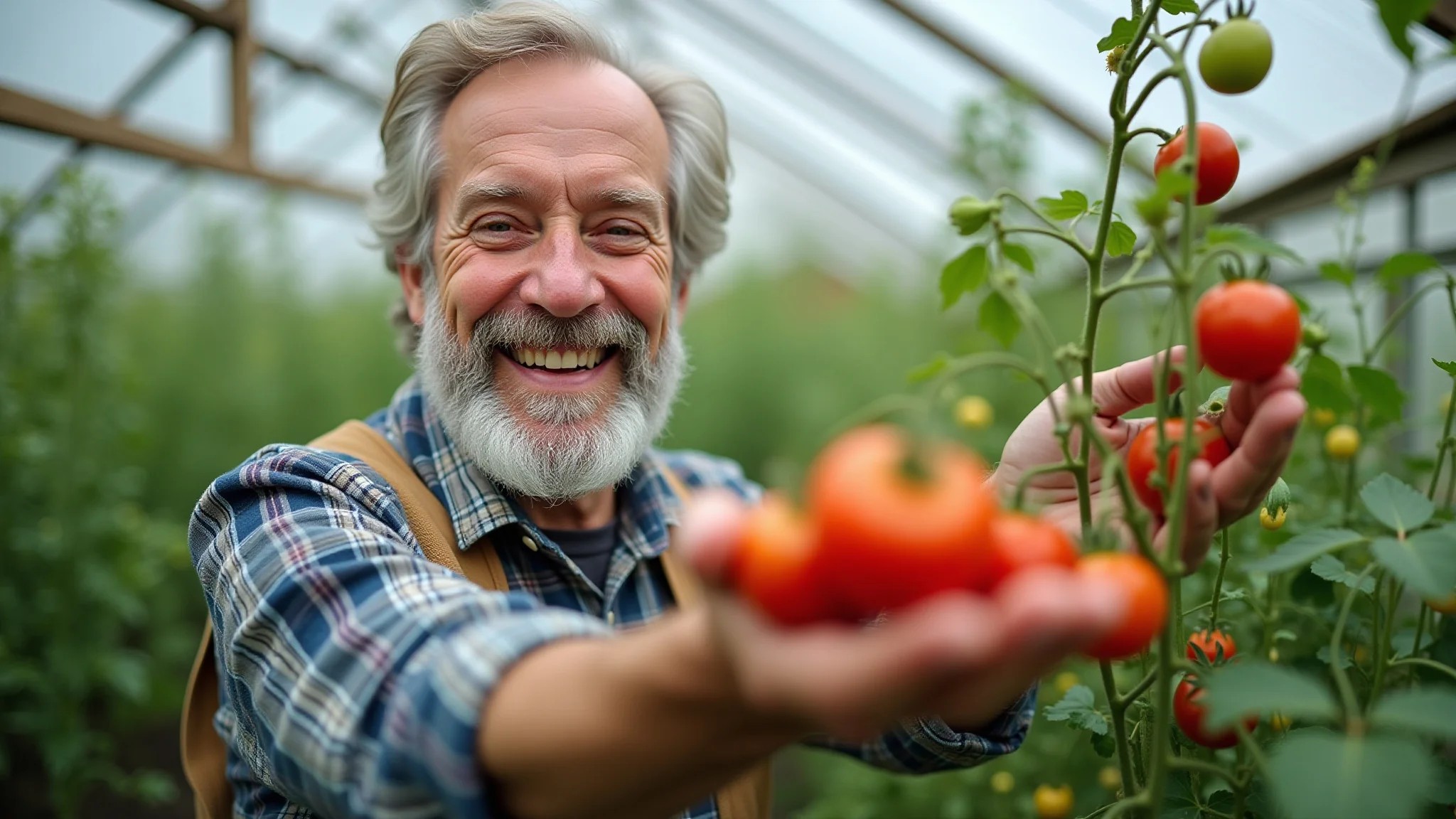Homem colhendo tomates maduros de sua pequena estufa, mostrando a alegria de alimentos caseiros.