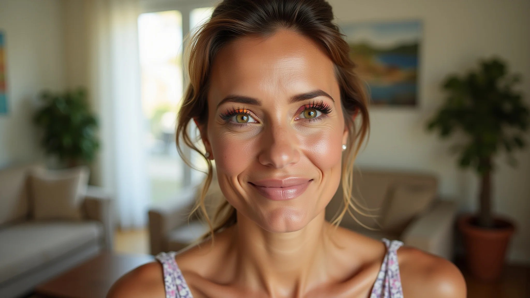 Mulher brasileira com maquiagem colorida e vibrante.