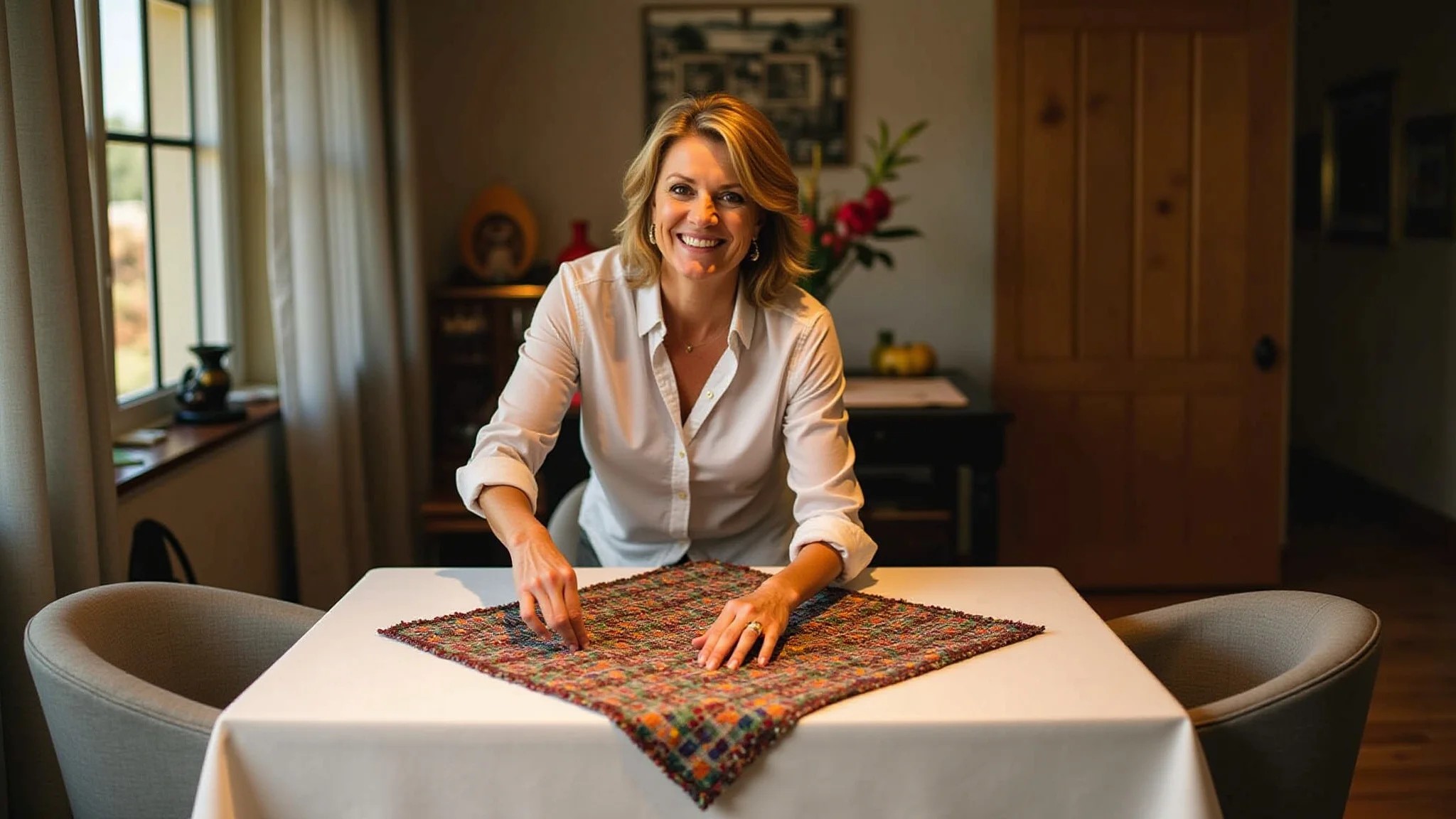 Mulher decorando mesa de jantar quadrada com trilho de mesa quadrado.