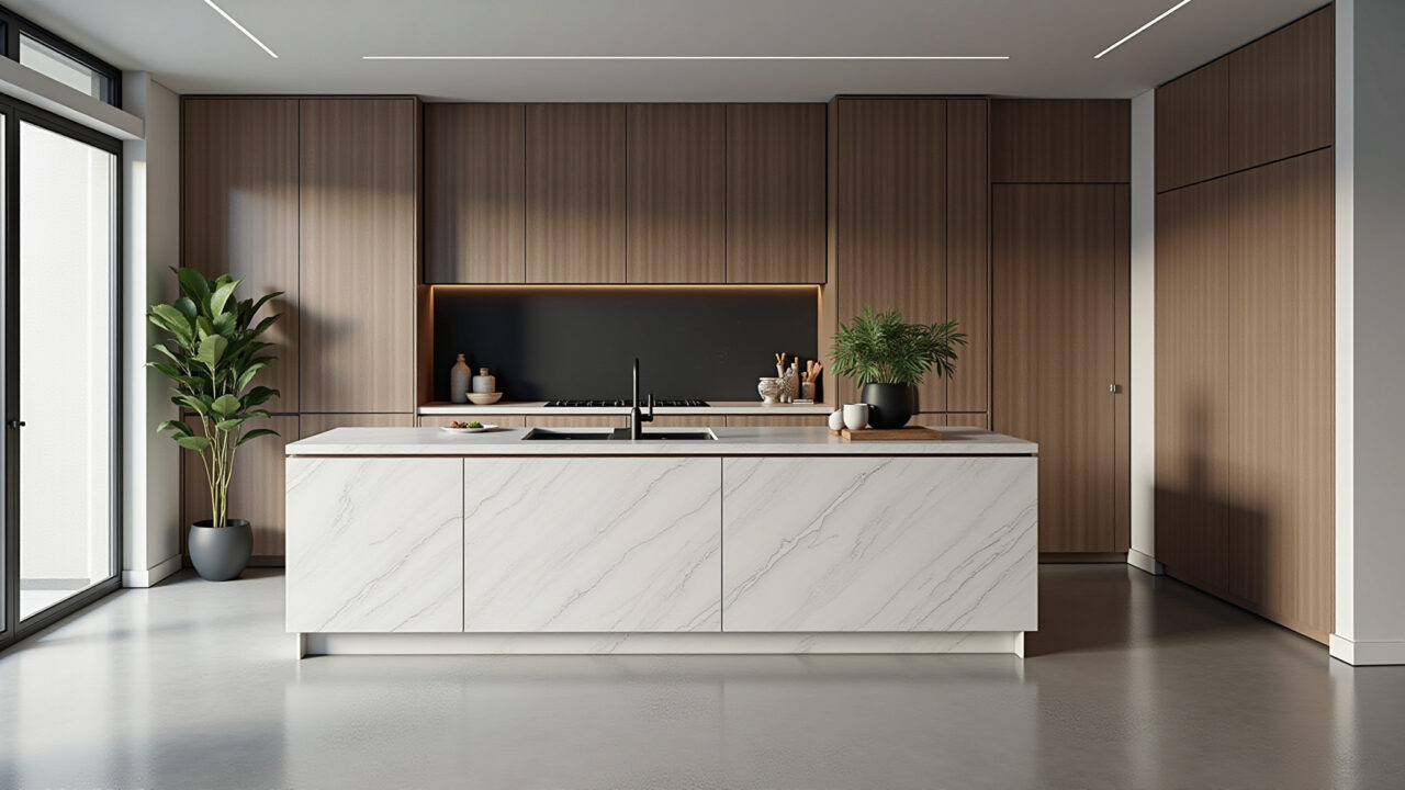 Cozinha minimalista com piso de cimento queimado.