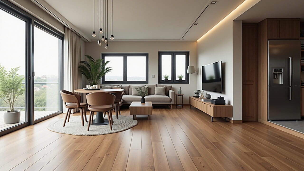 Apartamento moderno com assoalho de madeira engenheirada.