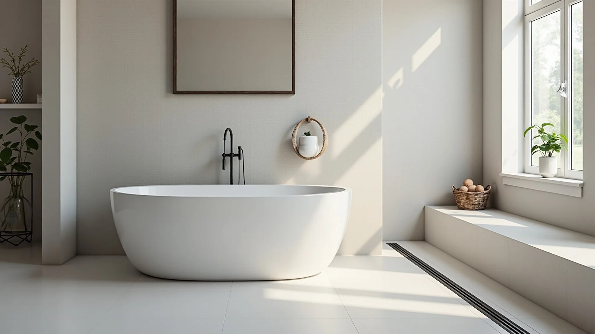 Banheiro moderno com ralo linear oculto próximo à parede do chuveiro, visual clean e elegante.