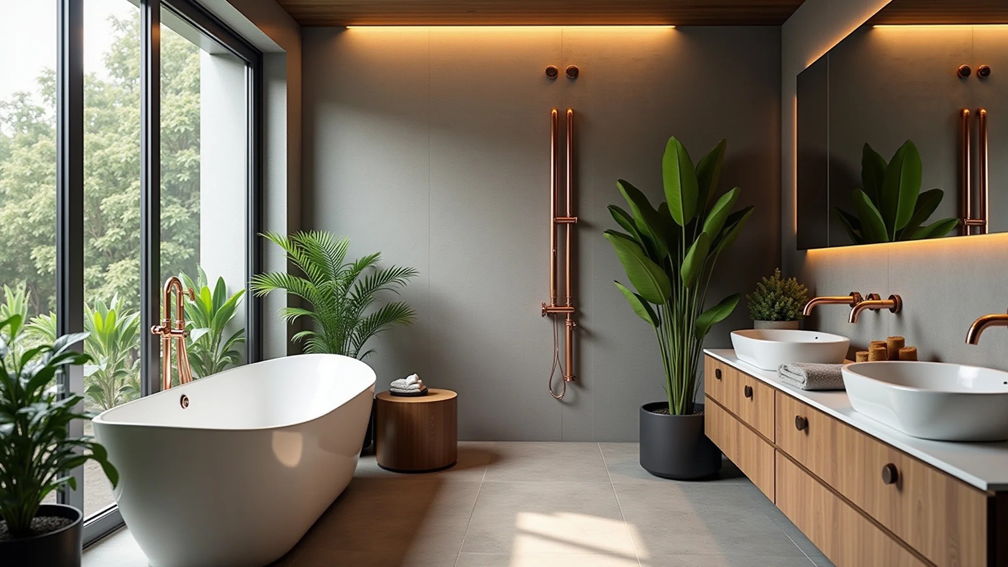 Banheiro moderno com canos de cobre aparentes, design brasileiro e plantas.