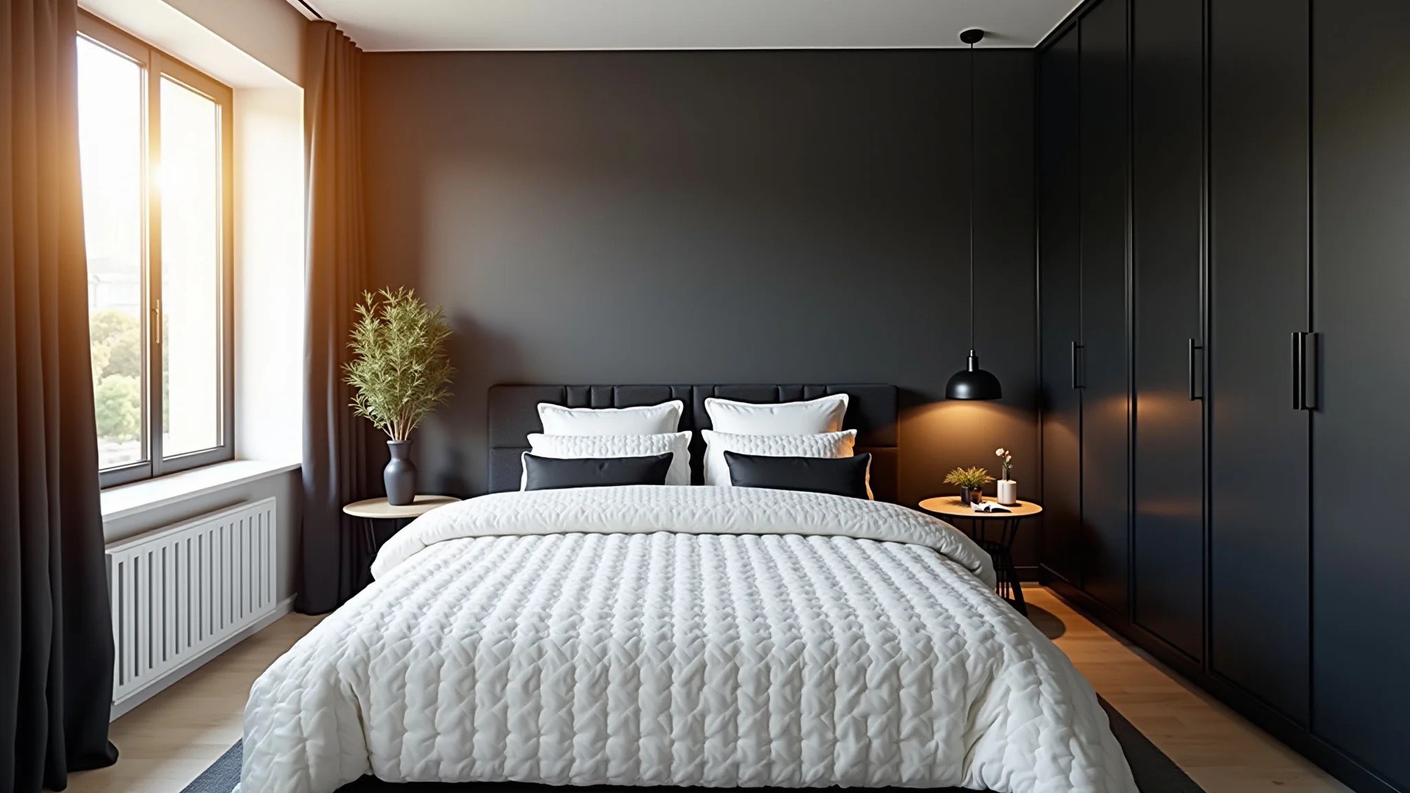 Quarto moderno em preto e branco com design minimalista e iluminação natural suave.