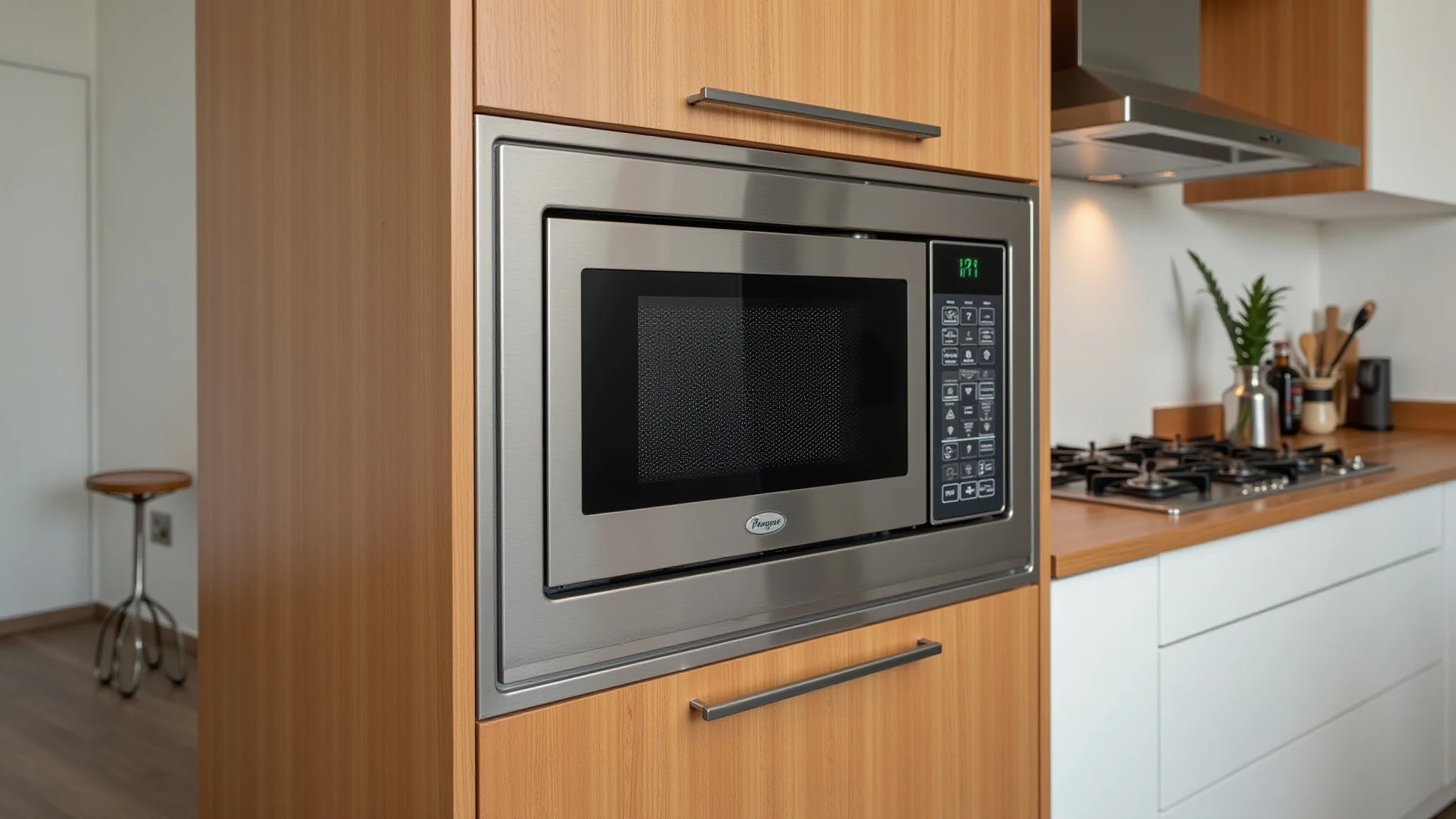 Cozinha moderna com micro-ondas de embutir em aço inoxidável integrado aos armários de madeira.
