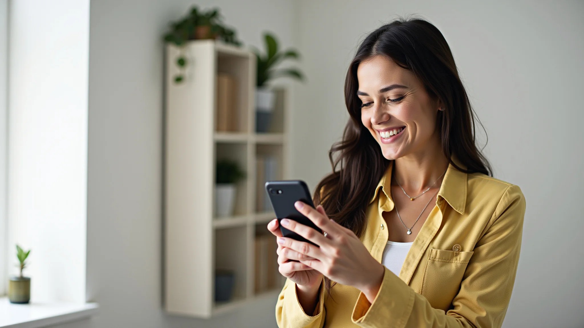 Mulher brasileira sorrindo, checando app de consumo de energia solar no celular.